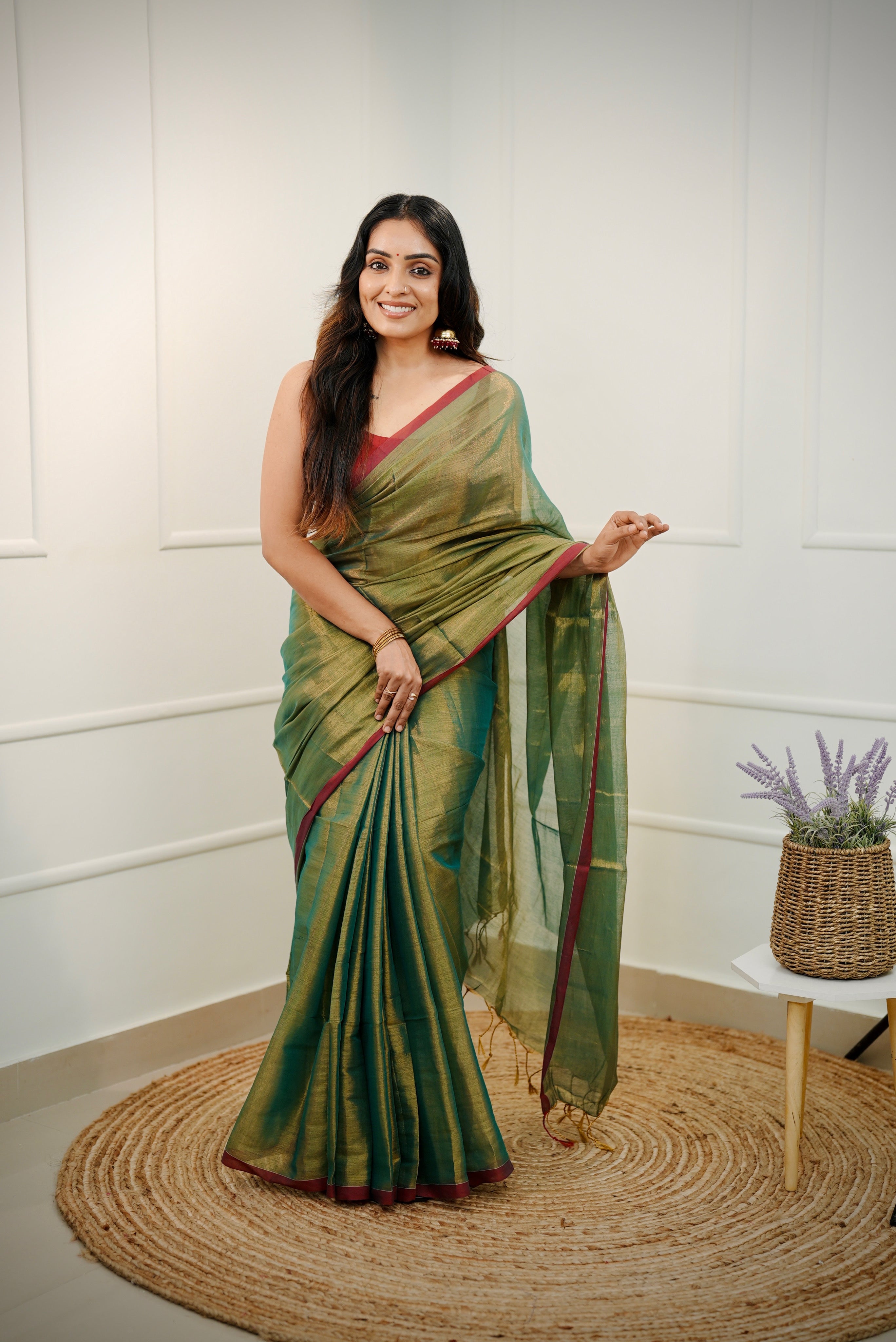 Saanvi – Olive Gold Tissue Saree with Maroon Border