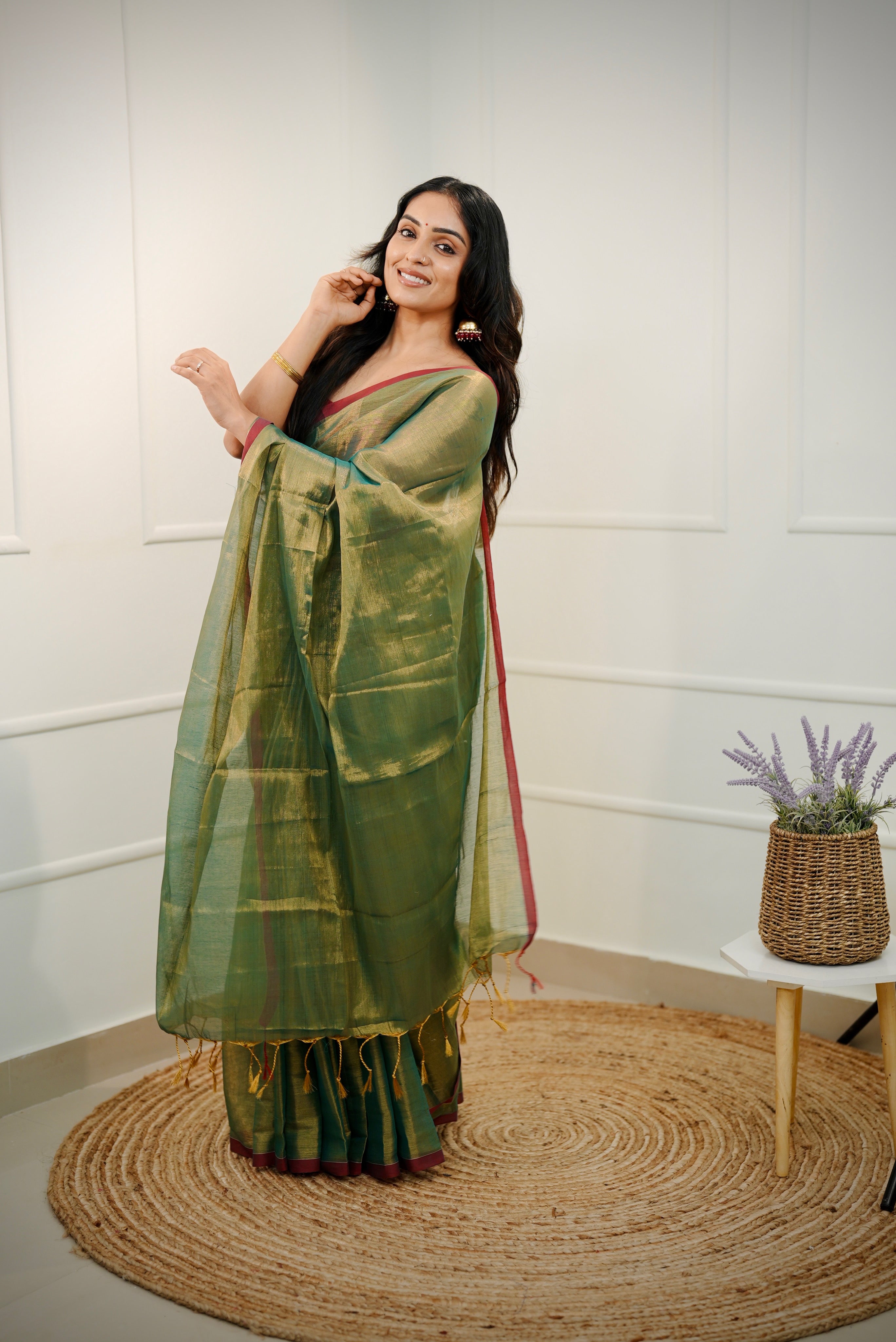 Saanvi – Olive Gold Tissue Saree with Maroon Border