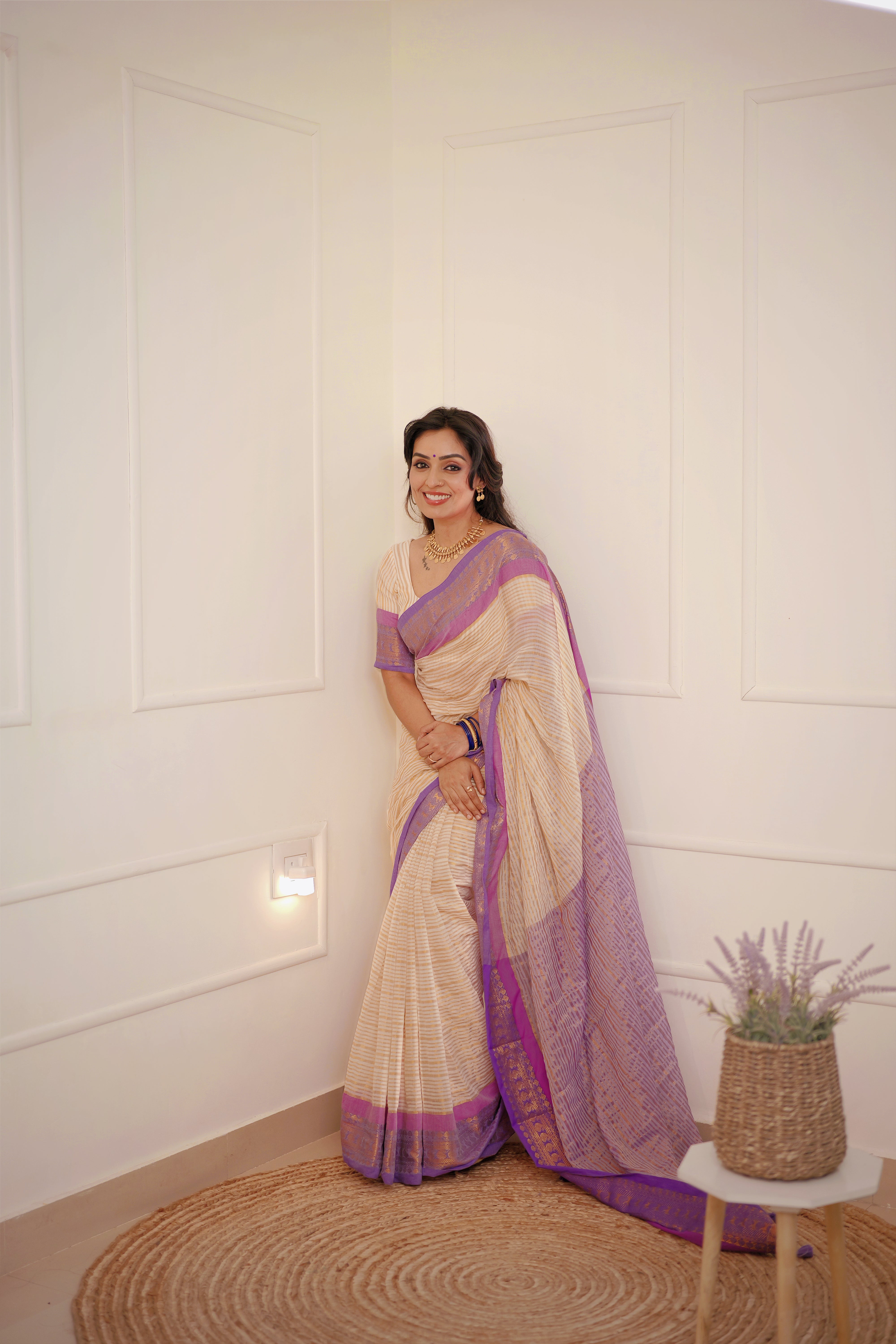 Lavanya - Mul Cotton Saree with Golden Stripes & Lavender Zari Border