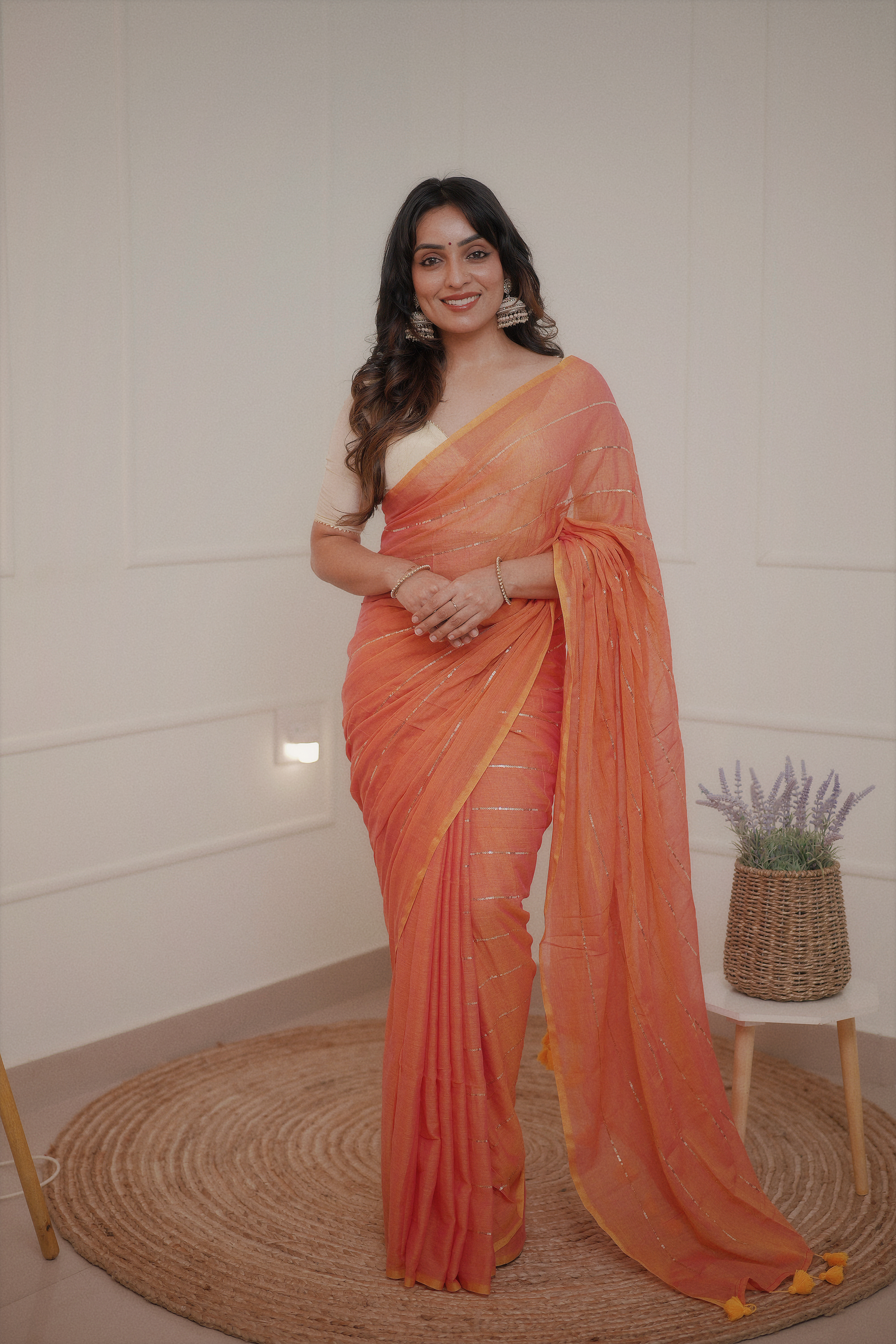 Kumudini - Peach Rose Mul Cotton Saree with Sequined Lines
