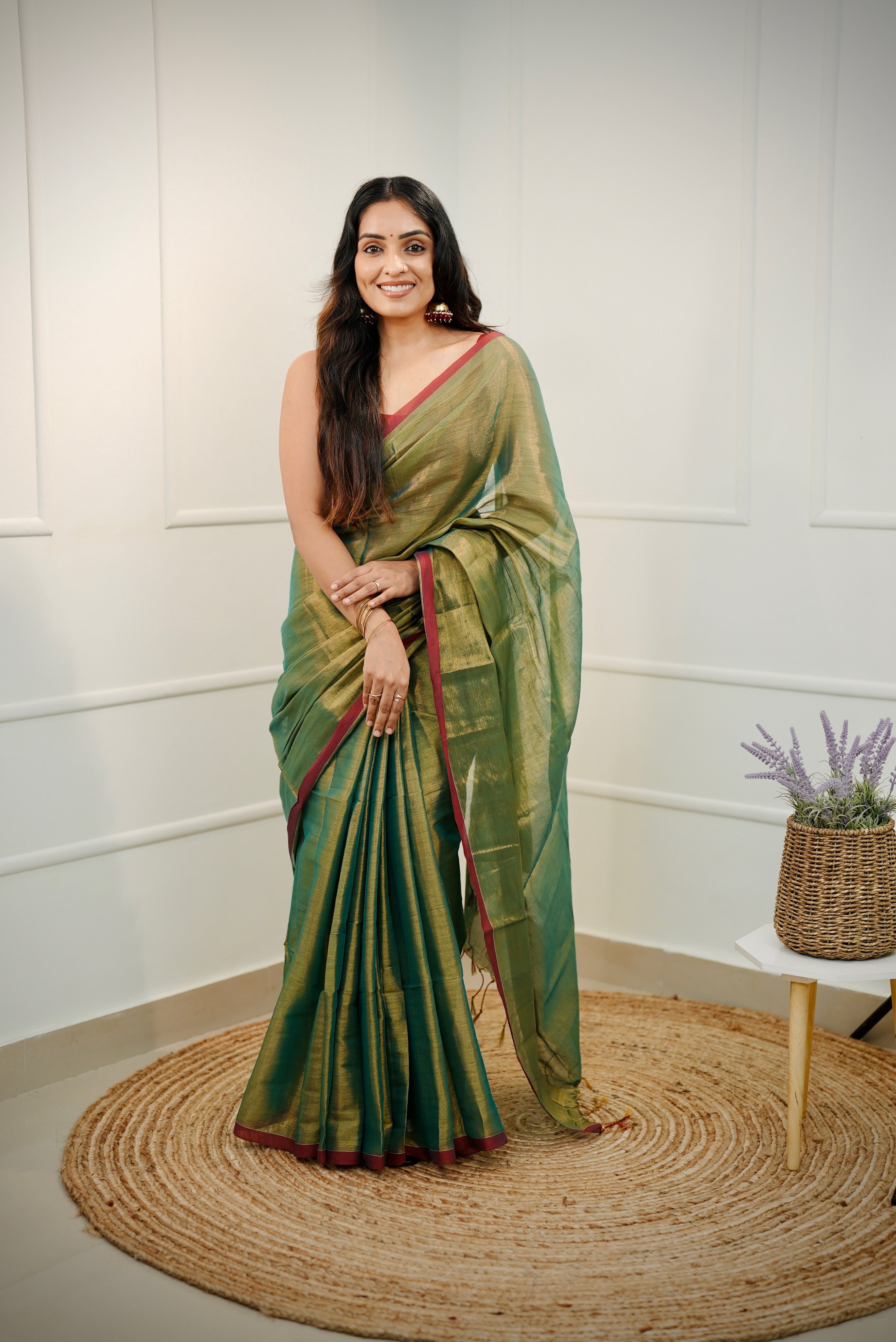 Saanvi – Olive Gold Tissue Saree with Maroon Border