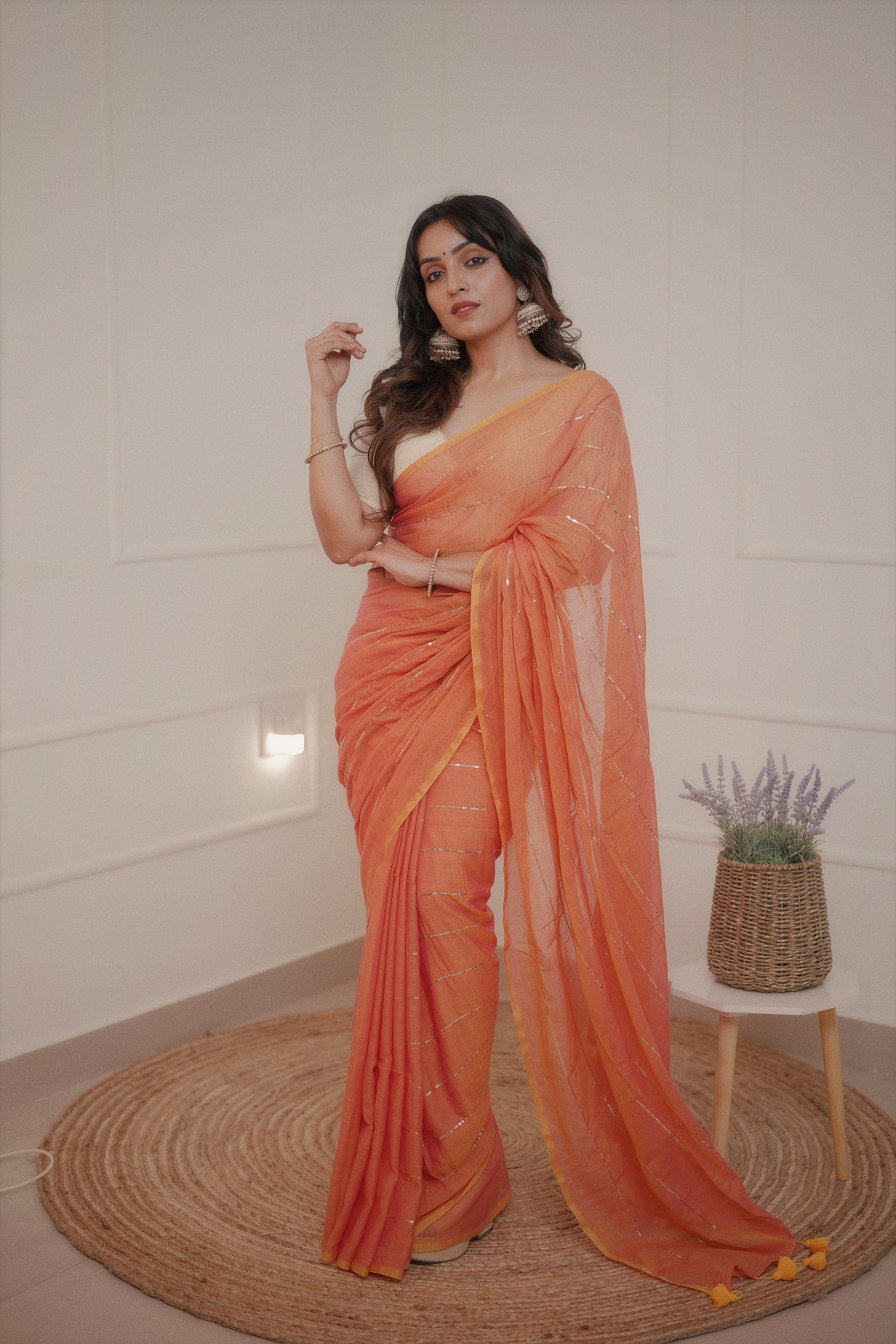 Kumudini - Peach Rose Mul Cotton Saree with Sequined Lines
