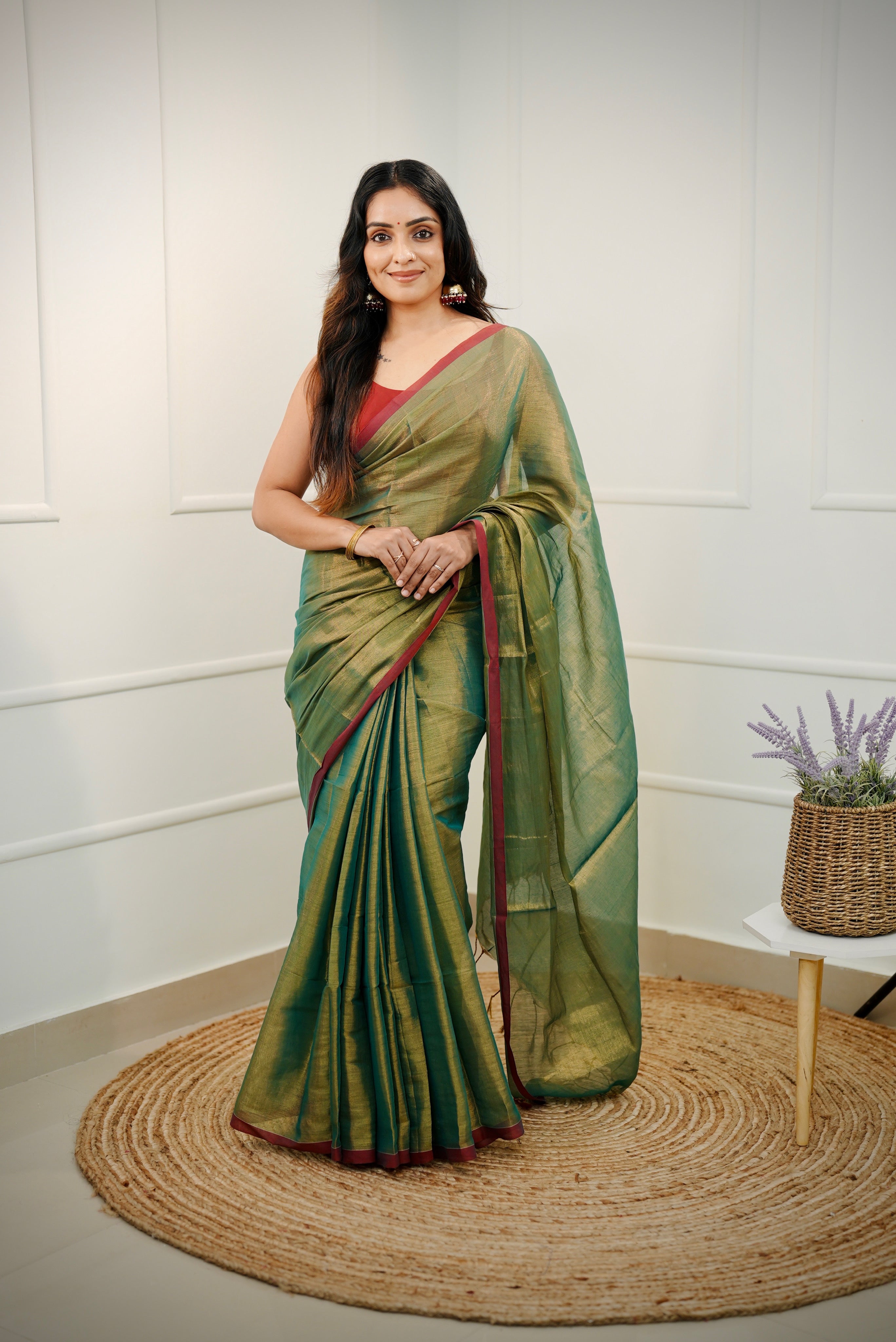 Saanvi – Olive Gold Tissue Saree with Maroon Border