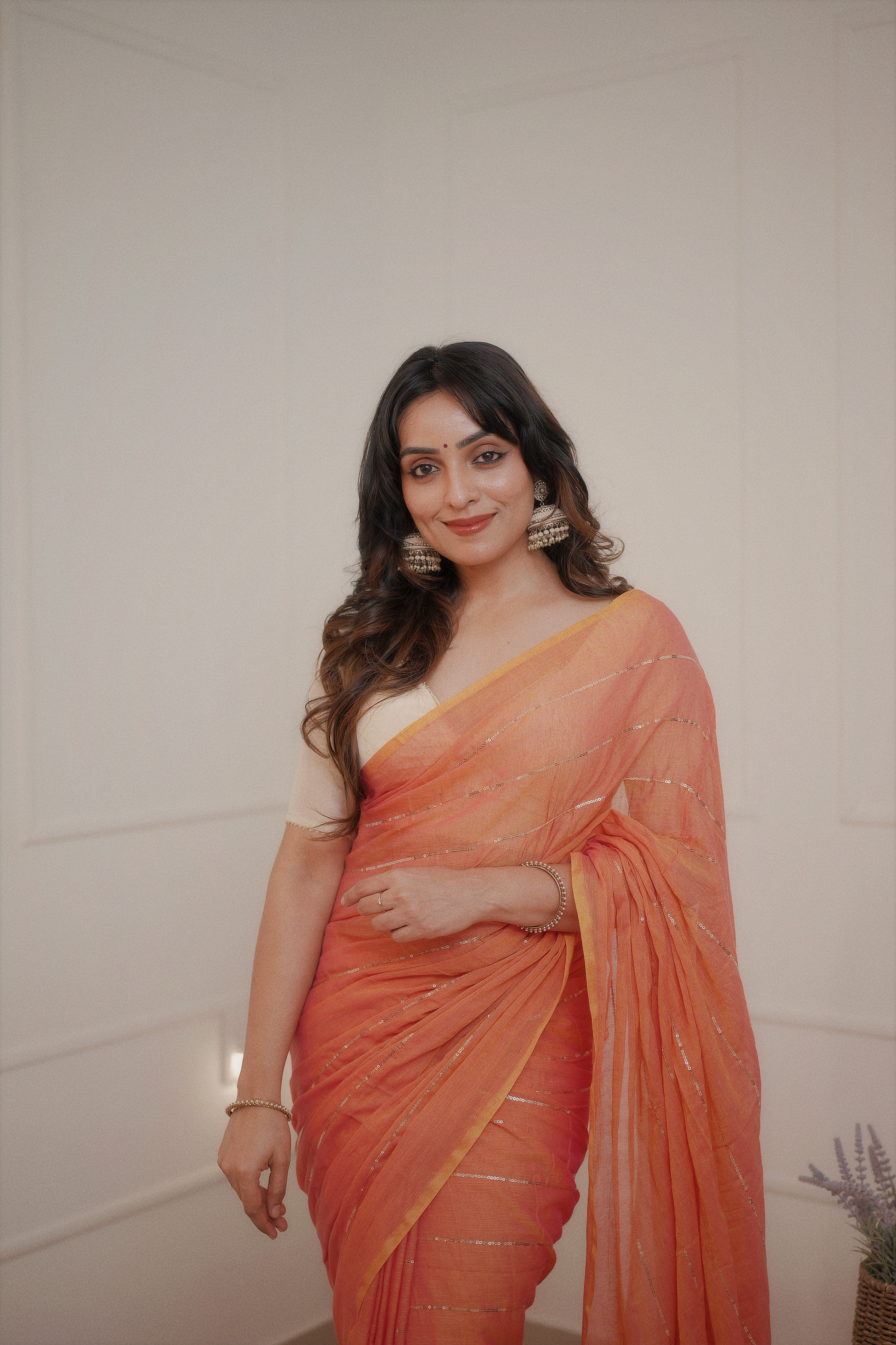 Kumudini - Peach Rose Mul Cotton Saree with Sequined Lines