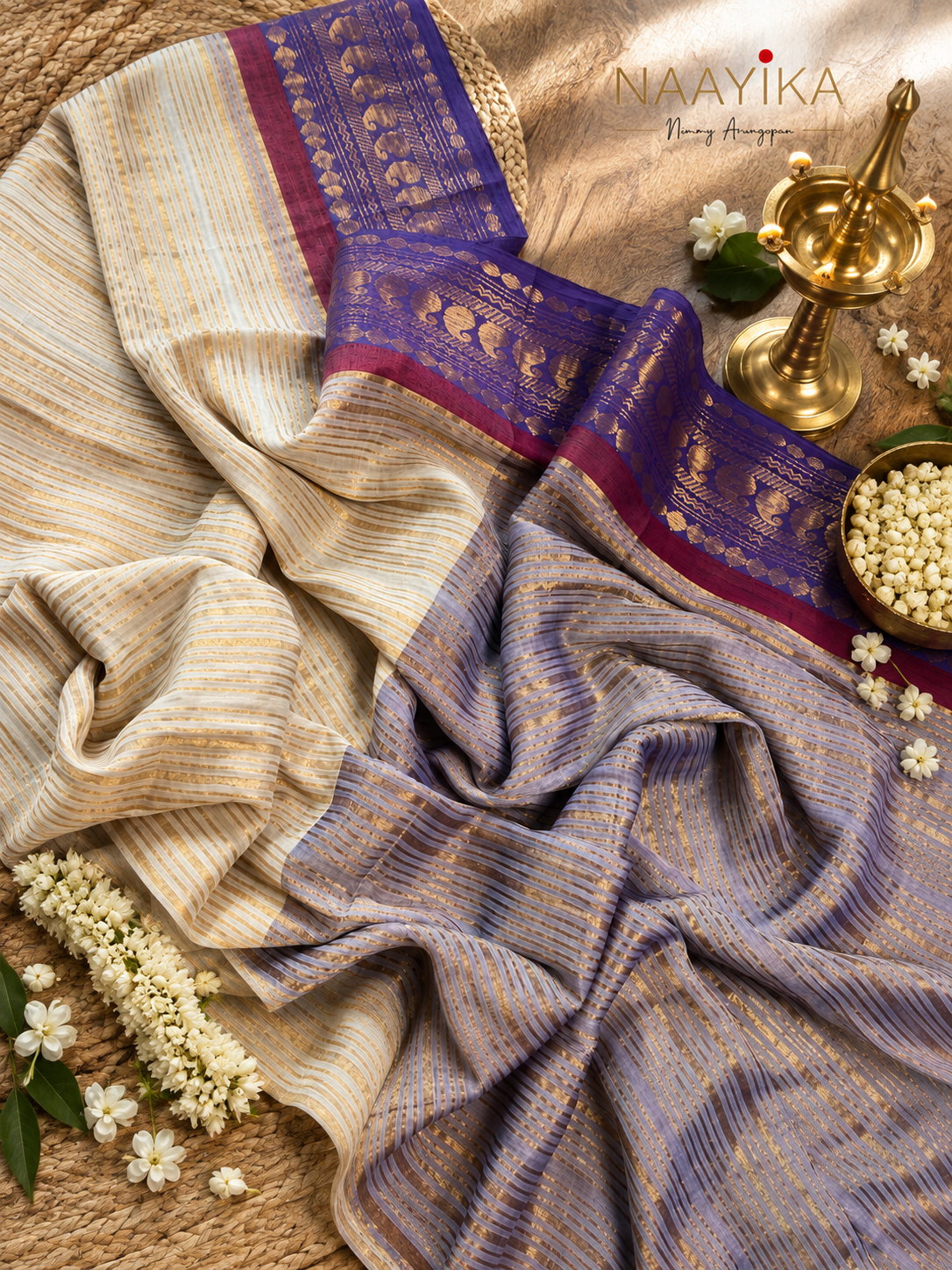 Lavanya - Mul Cotton Saree with Golden Stripes & Lavender Zari Border