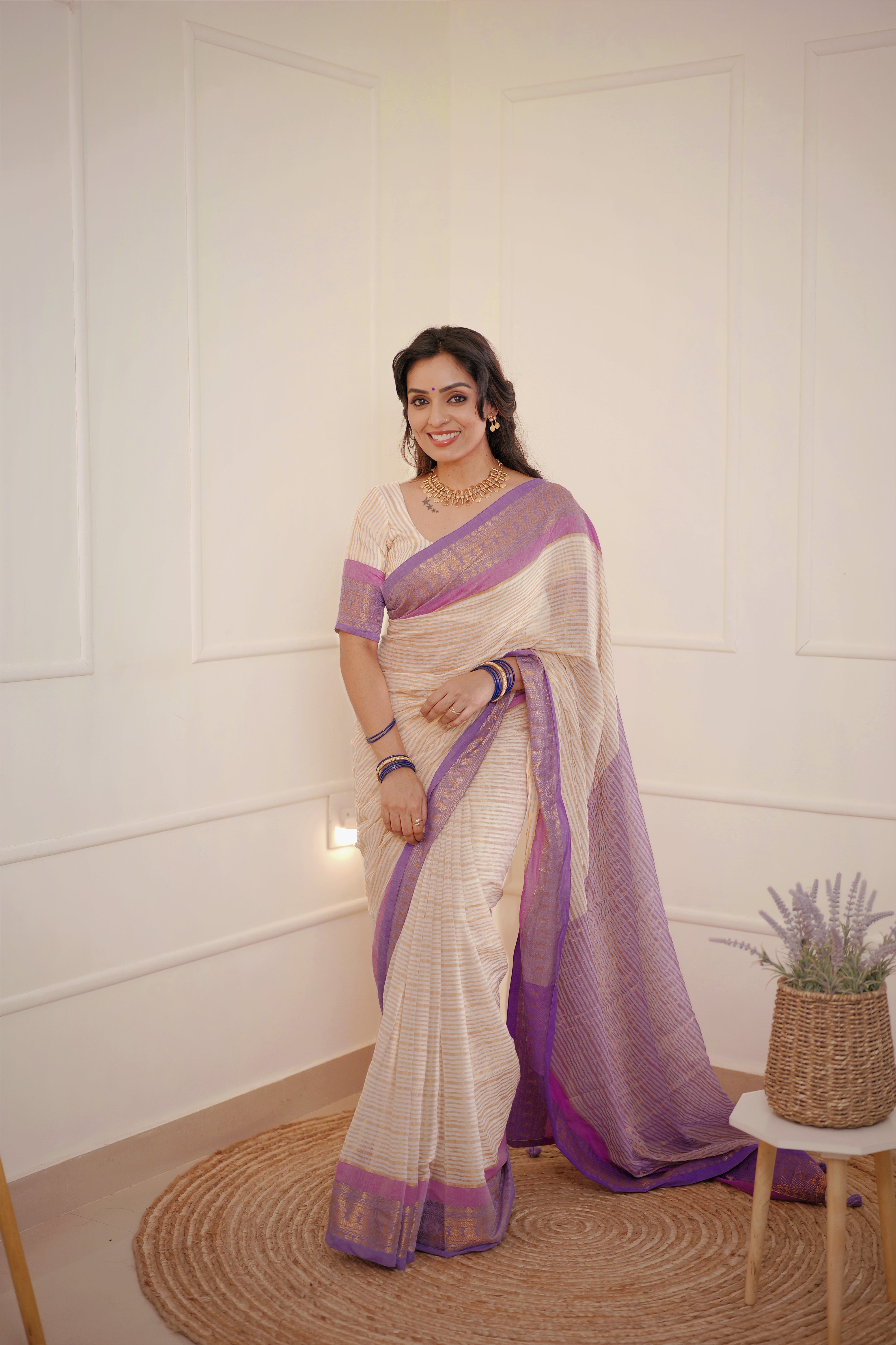 Lavanya - Mul Cotton Saree with Golden Stripes & Lavender Zari Border