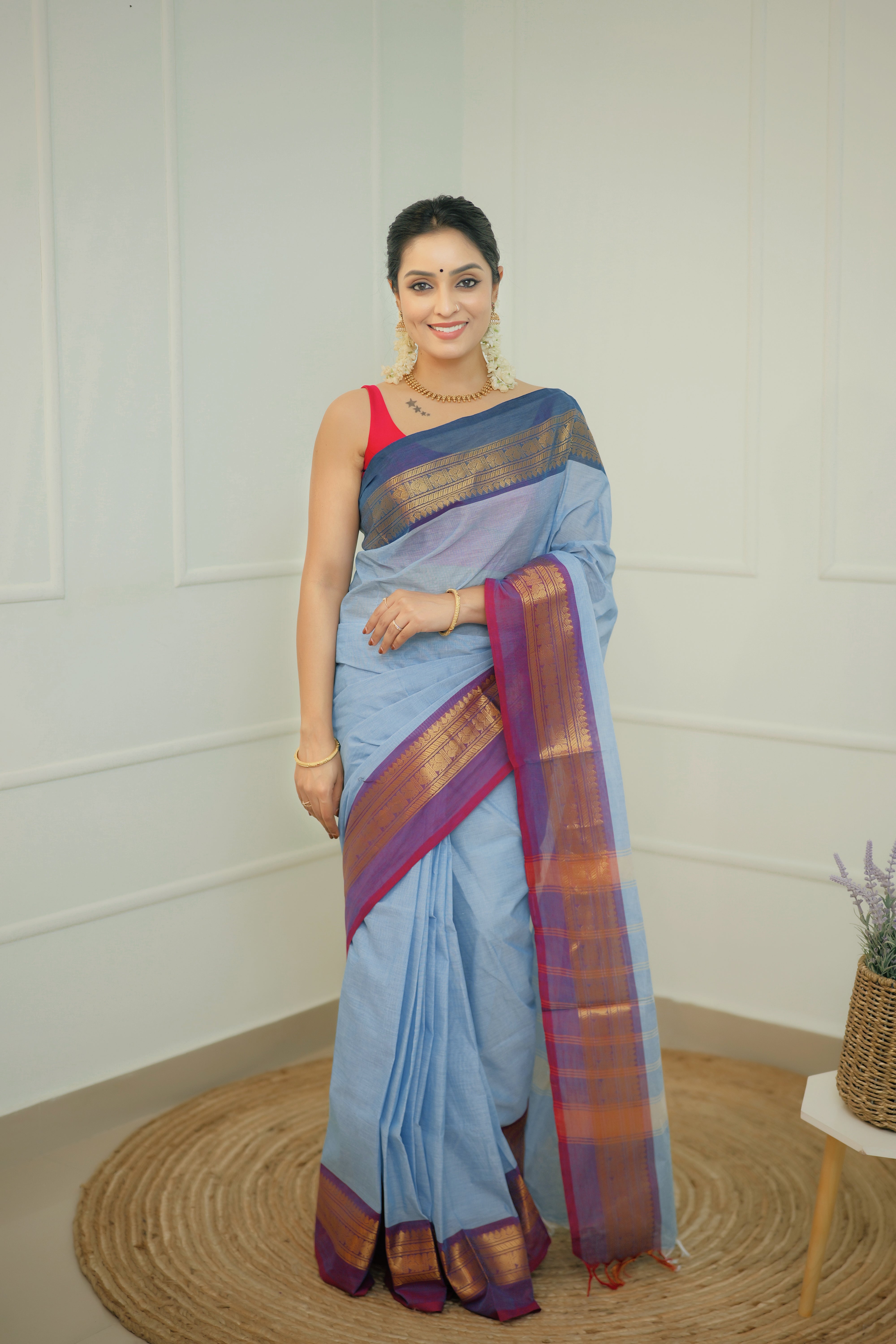 Neelambari – Powder Blue Handloom Chettinad Cotton Saree with Antique Zari Border