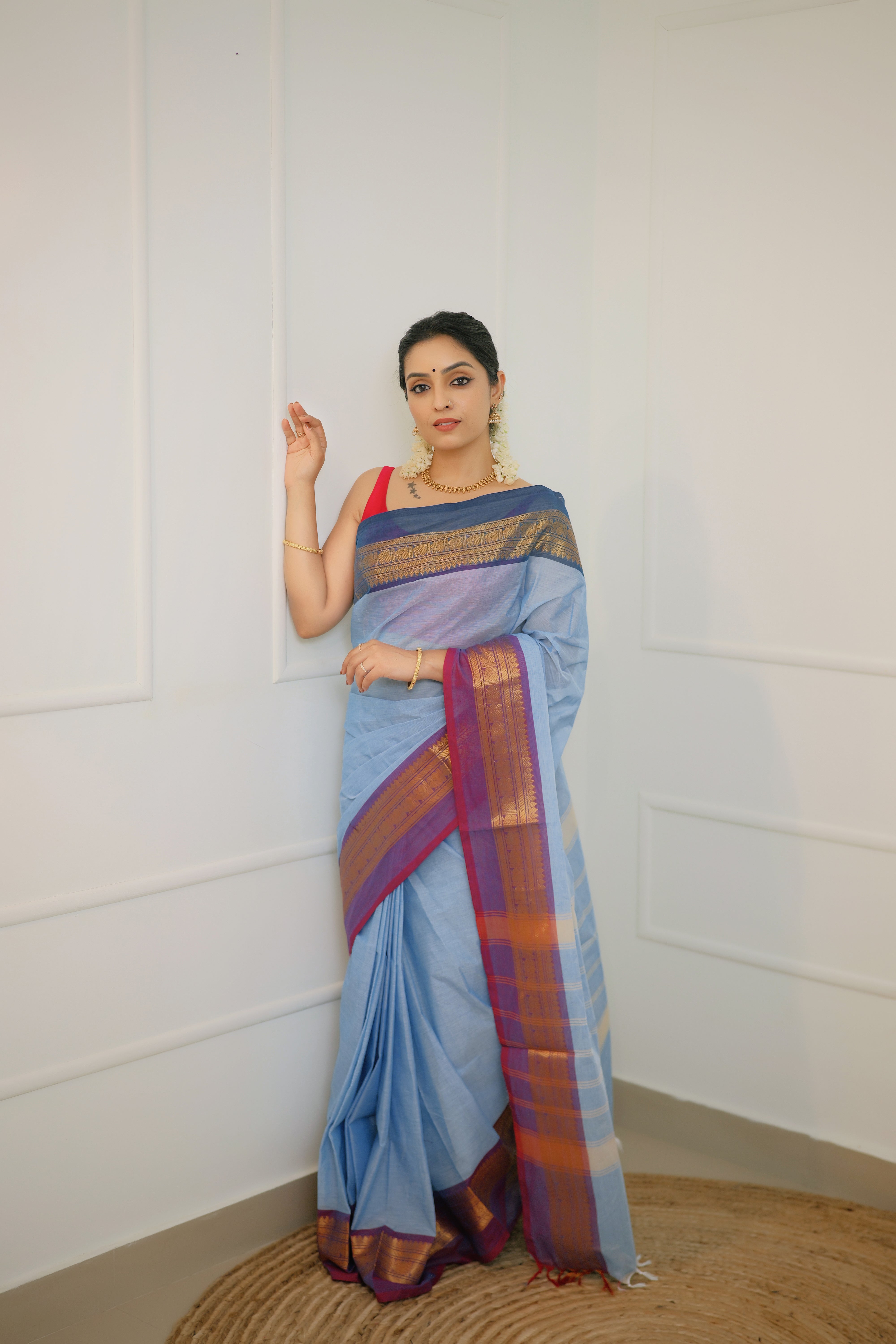 Neelambari – Powder Blue Handloom Chettinad Cotton Saree with Antique Zari Border