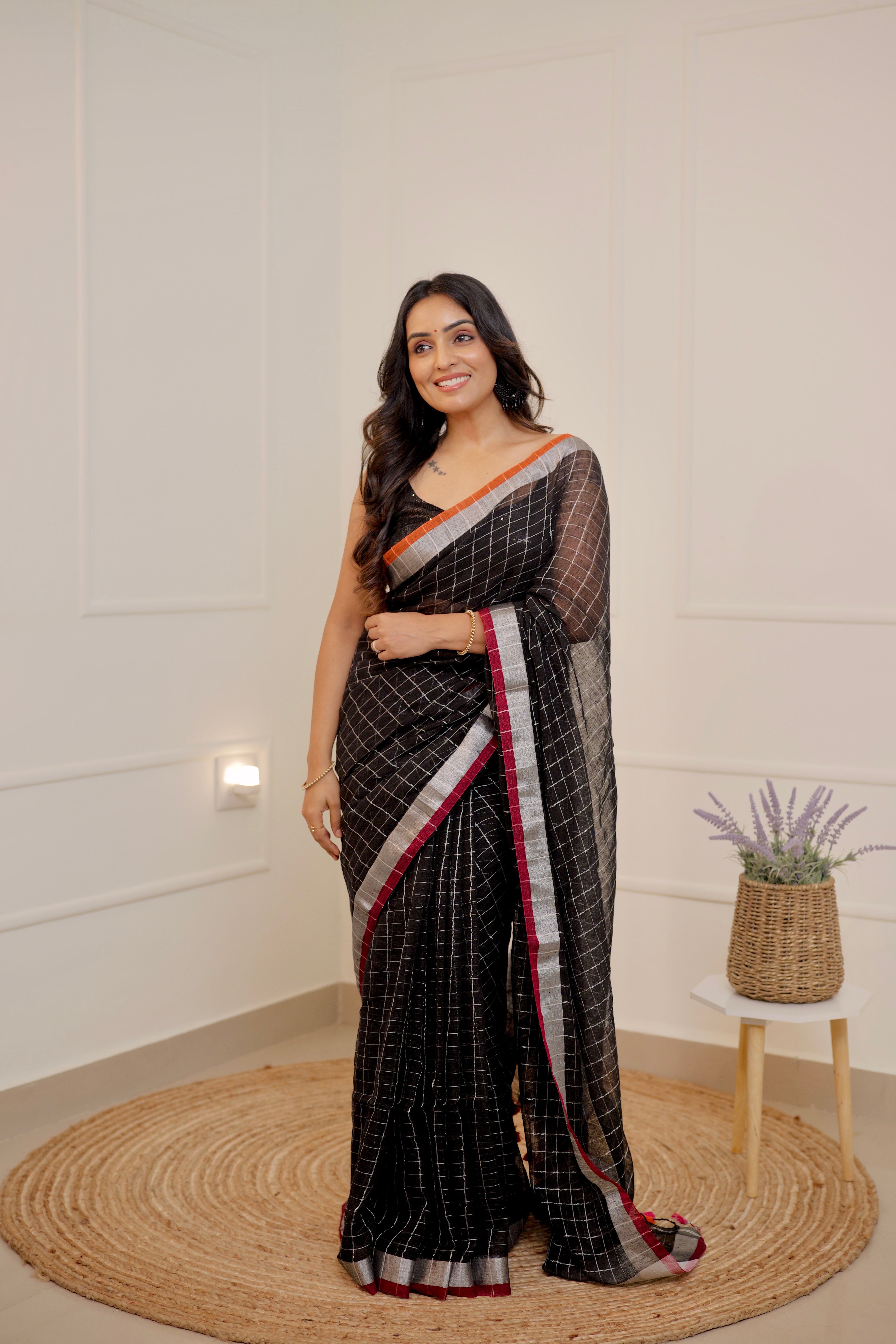 Linen Checks Saree – Black with Silver Zari Border