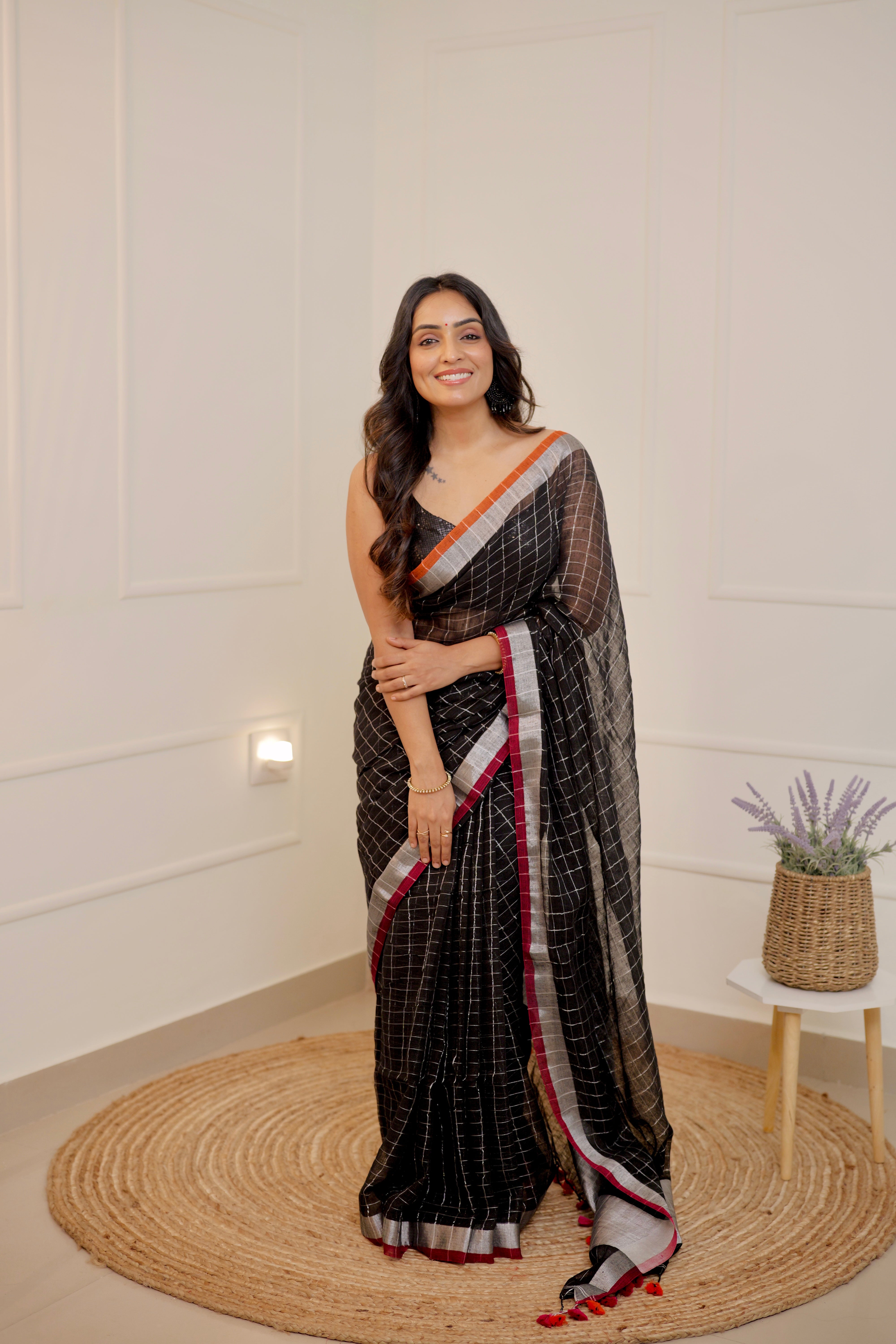 Linen Checks Saree – Black with Silver Zari Border