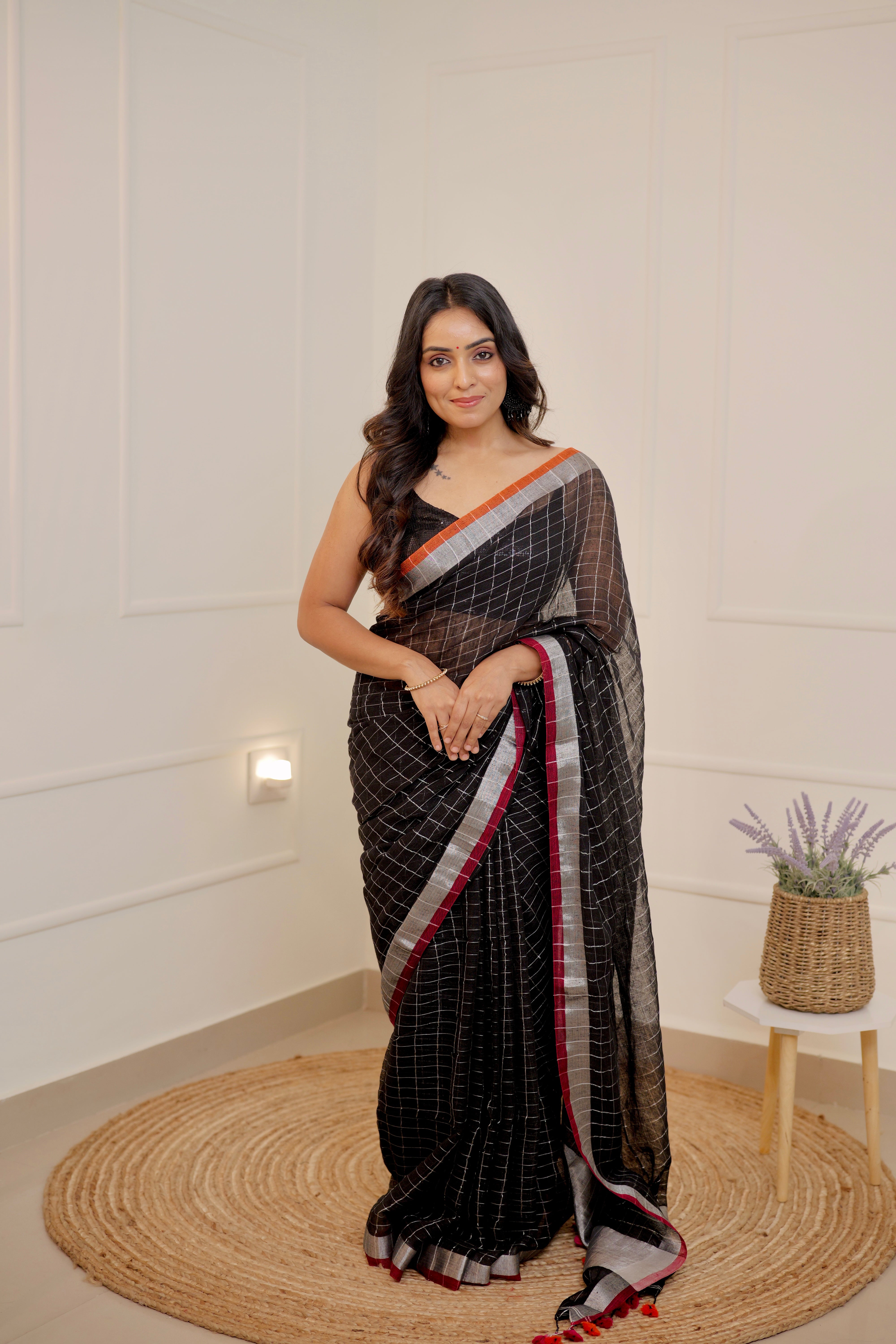 Linen Checks Saree – Black with Silver Zari Border