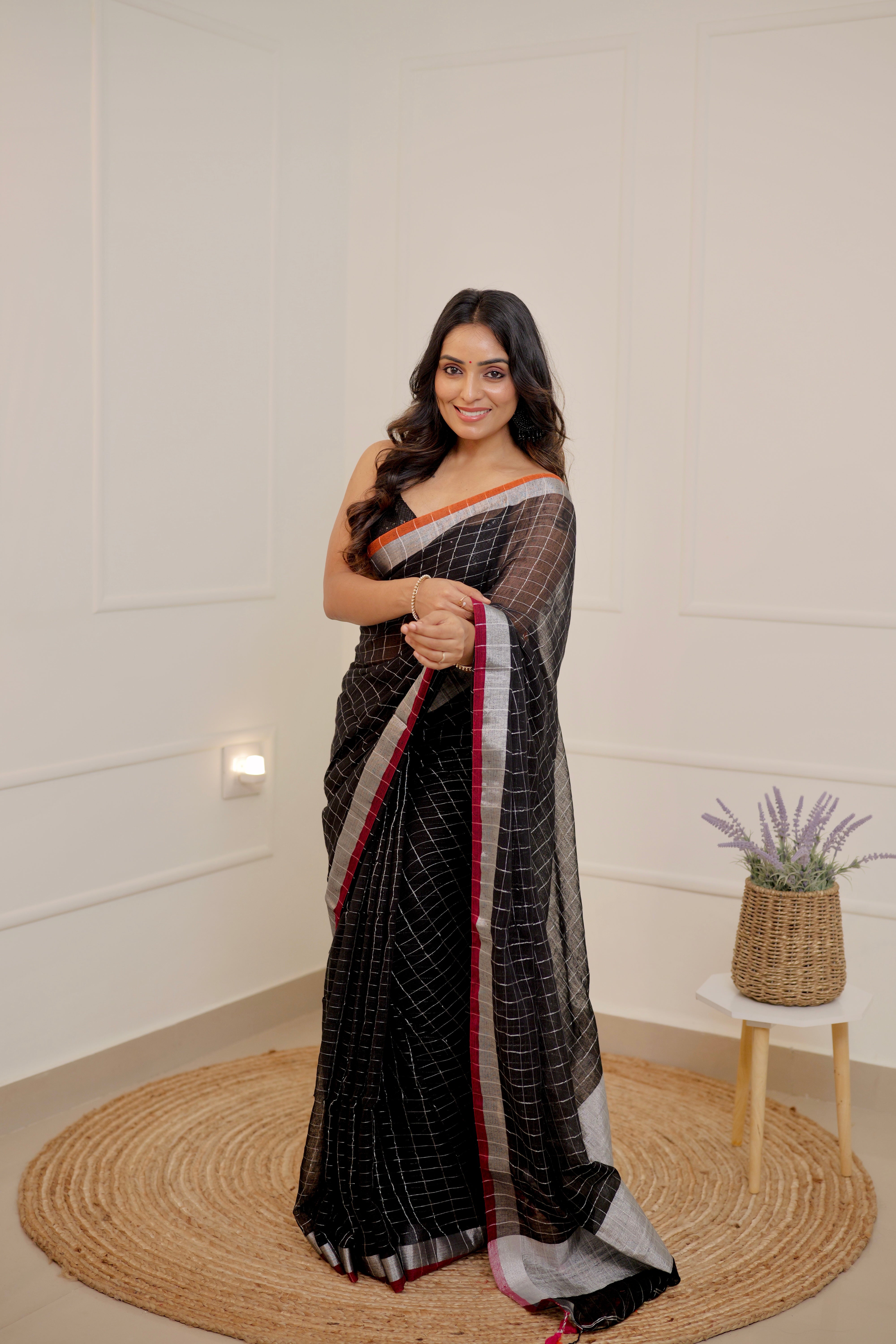 Linen Checks Saree – Black with Silver Zari Border