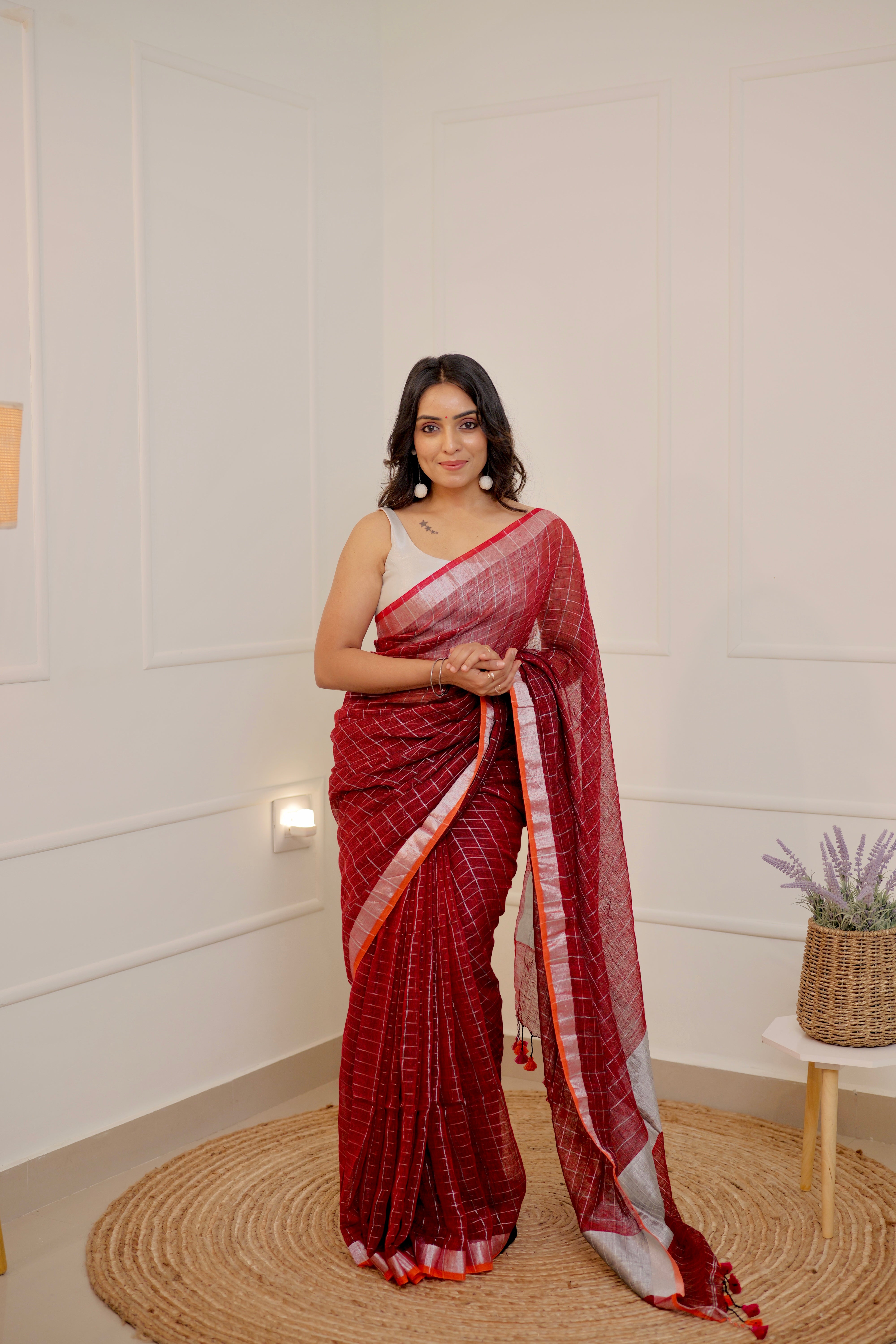 Linen Checks Saree – Maroon Red with Silver Zari Border