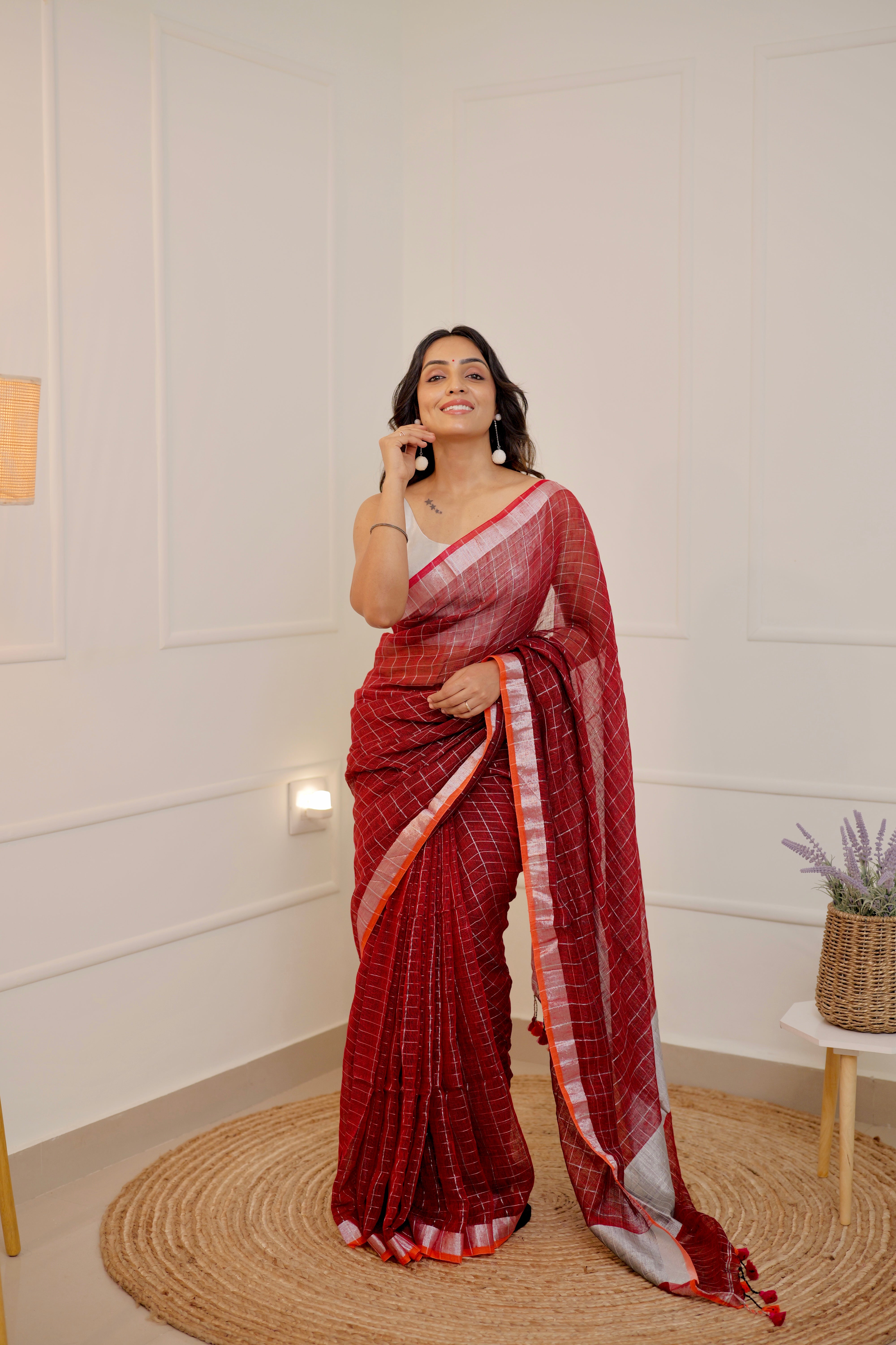 Linen Checks Saree – Maroon Red with Silver Zari Border