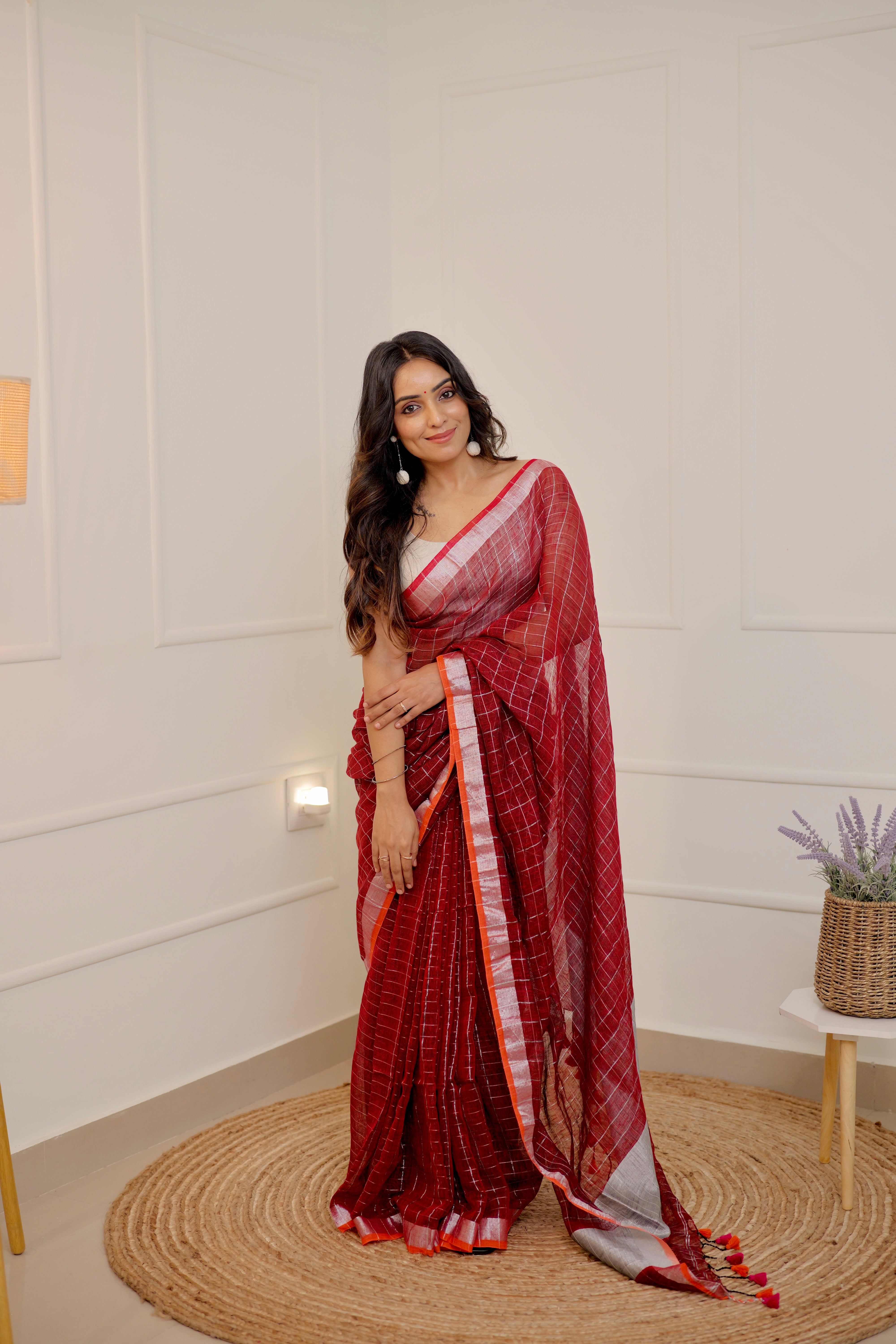 Linen Checks Saree – Maroon Red with Silver Zari Border