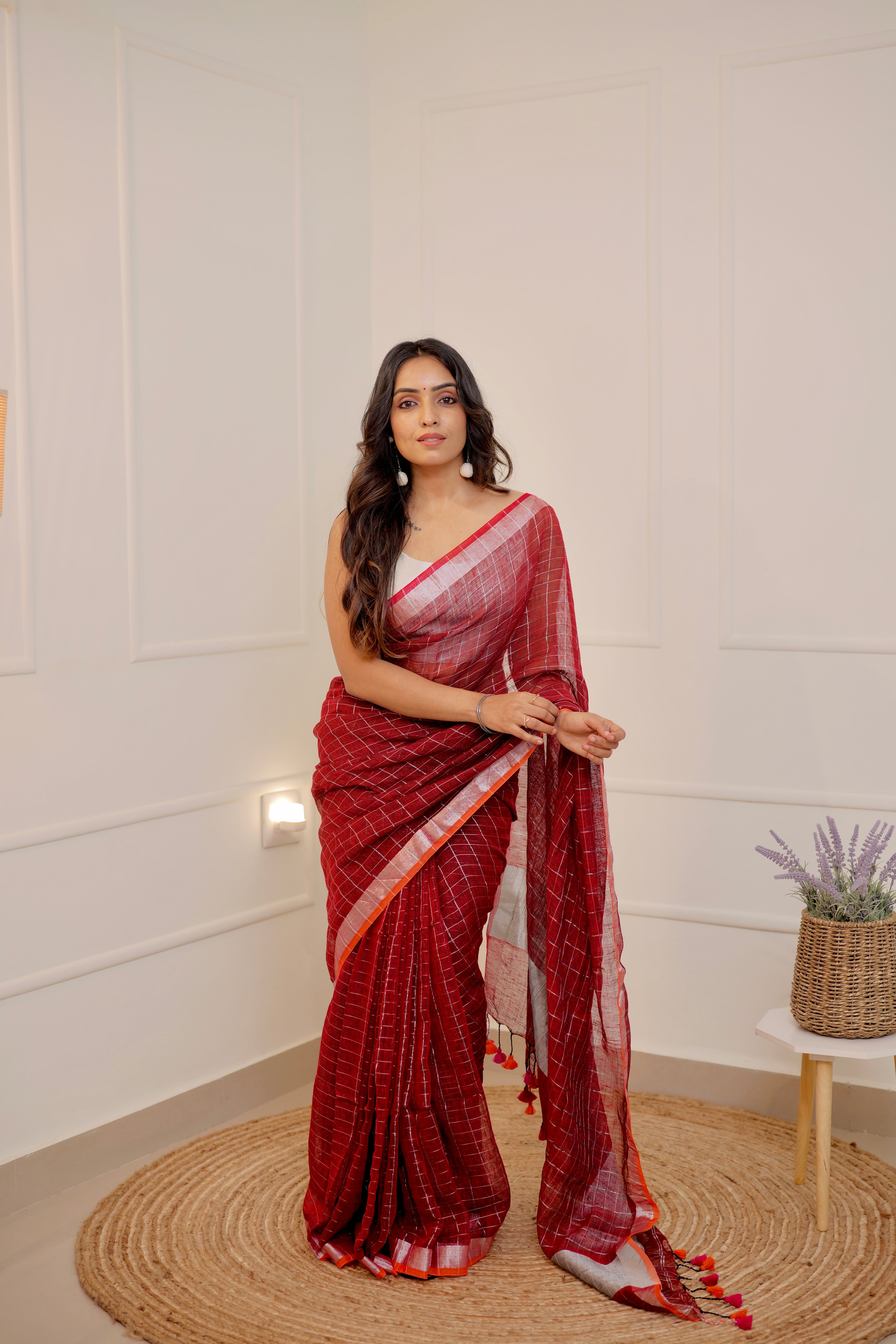 Linen Checks Saree – Maroon Red with Silver Zari Border