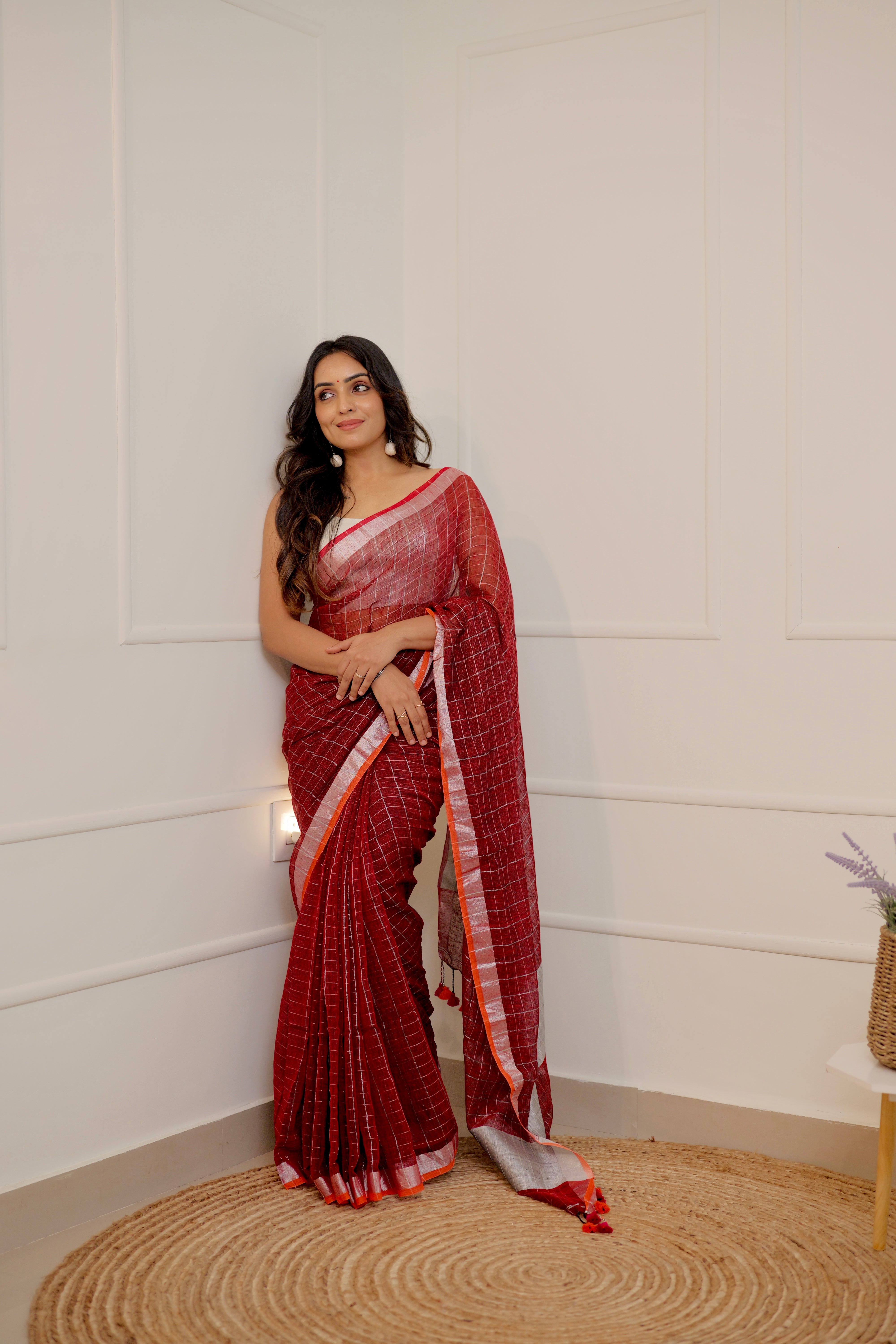 Linen Checks Saree – Maroon Red with Silver Zari Border