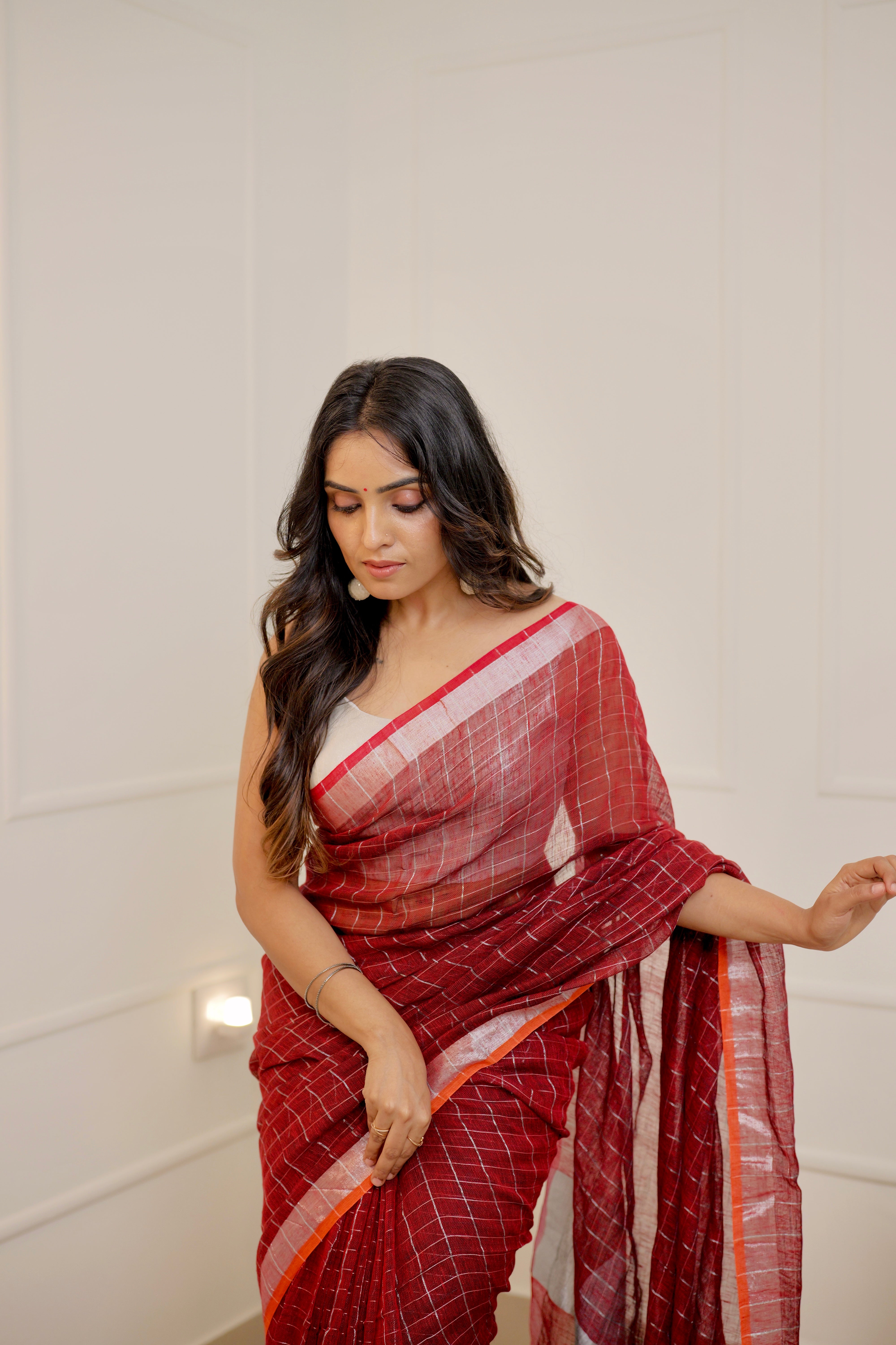 Linen Checks Saree – Maroon Red with Silver Zari Border