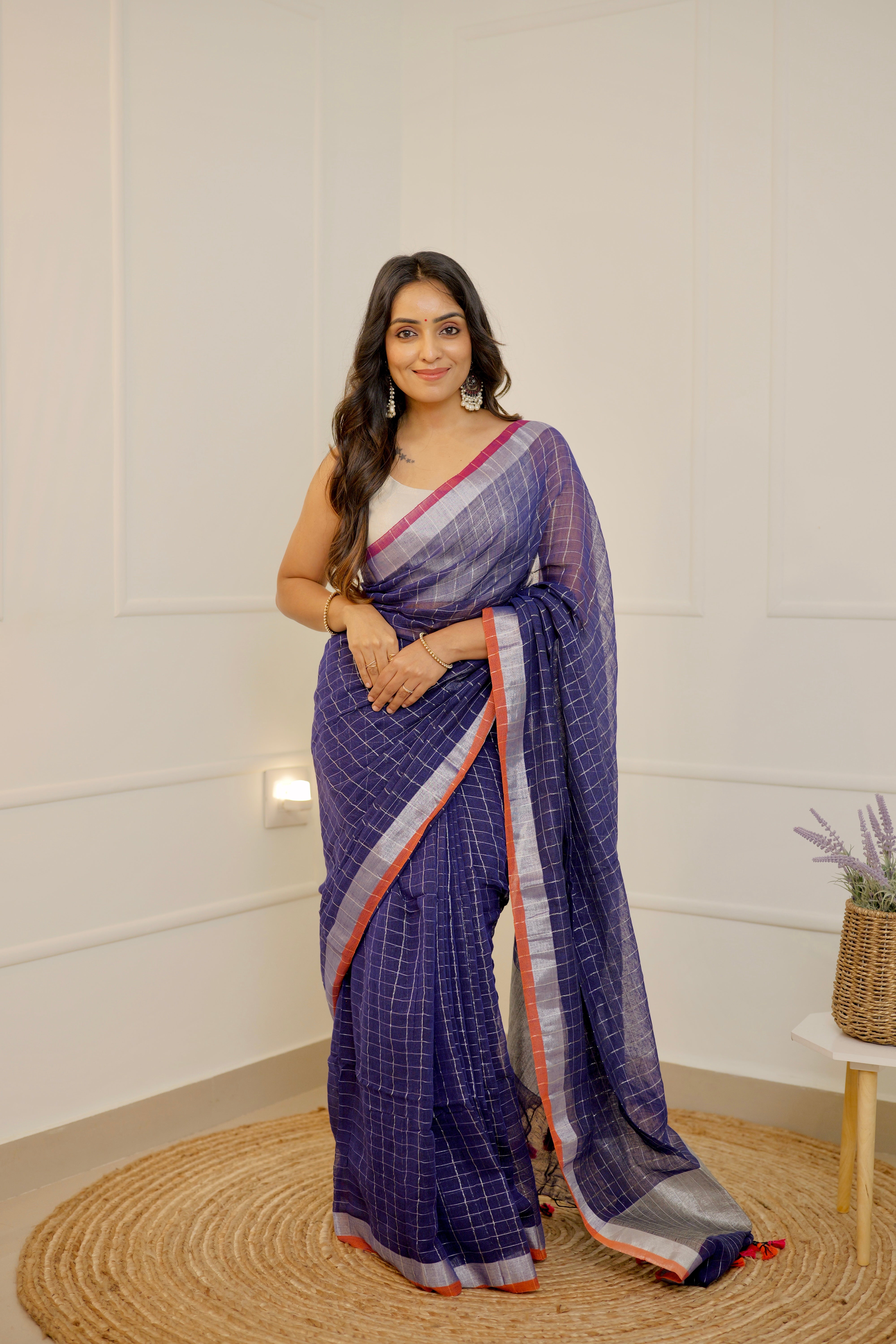 Linen Checks Saree – Blue with Silver Zari Border