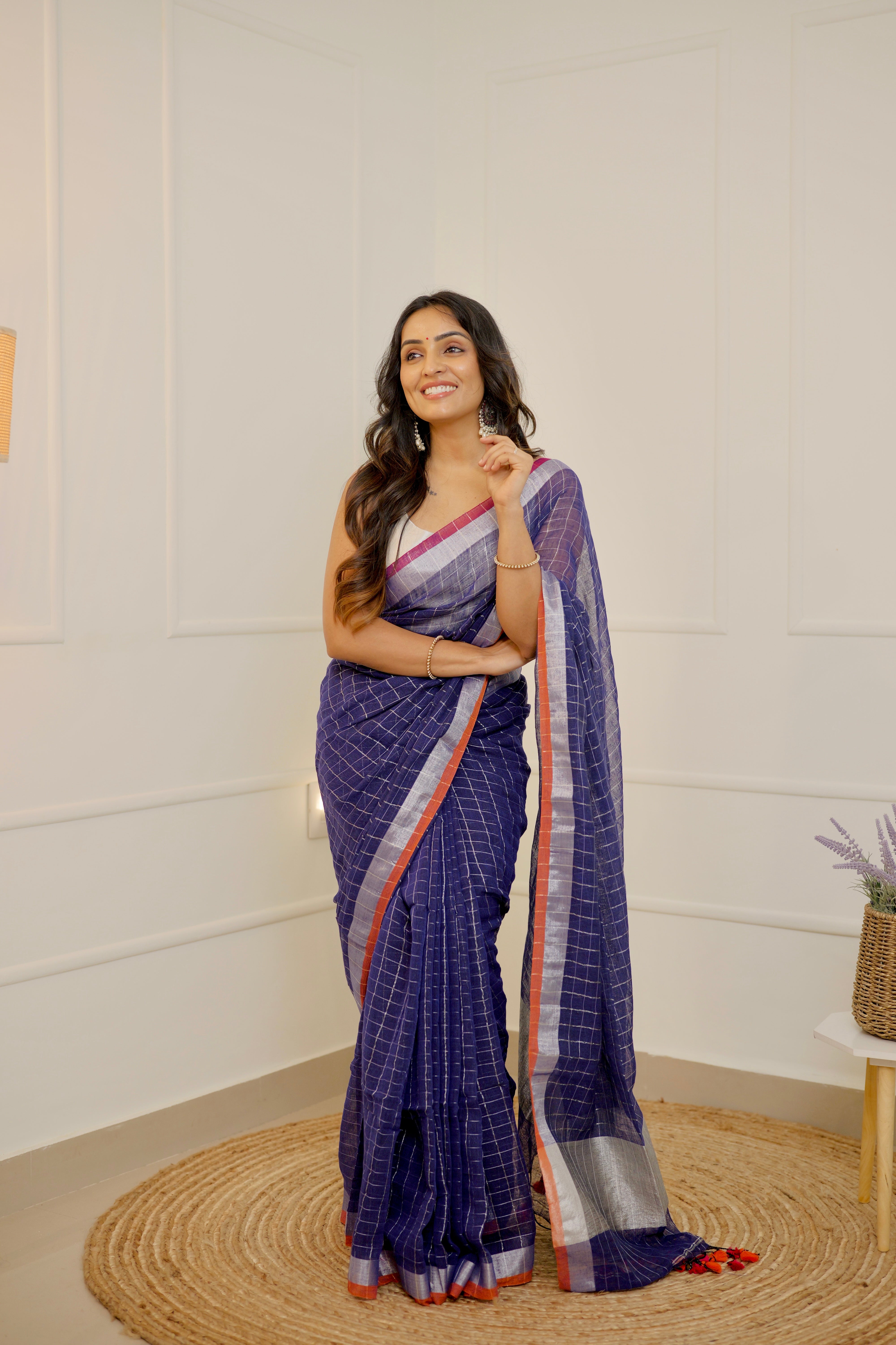 Linen Checks Saree – Blue with Silver Zari Border