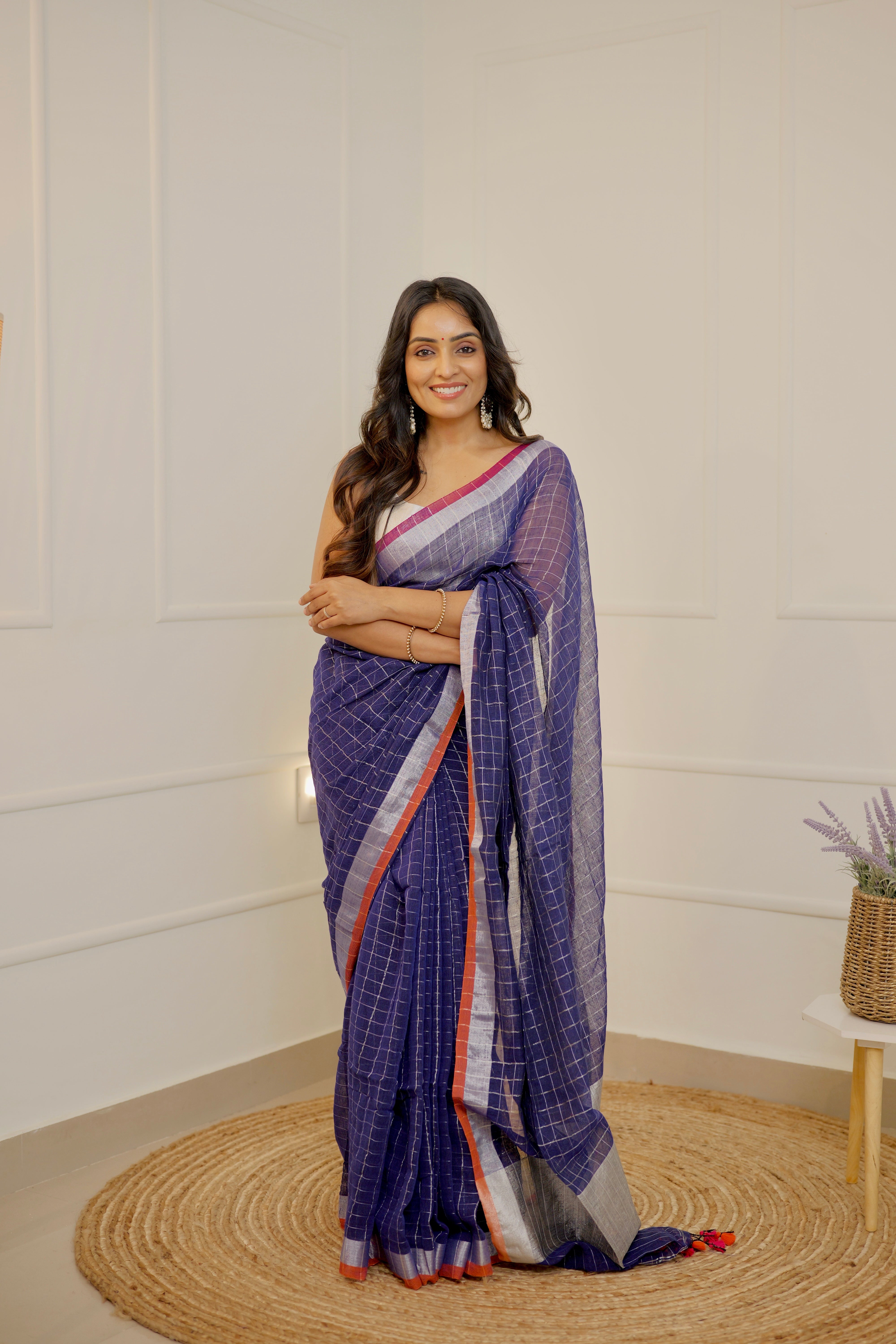 Linen Checks Saree – Blue with Silver Zari Border