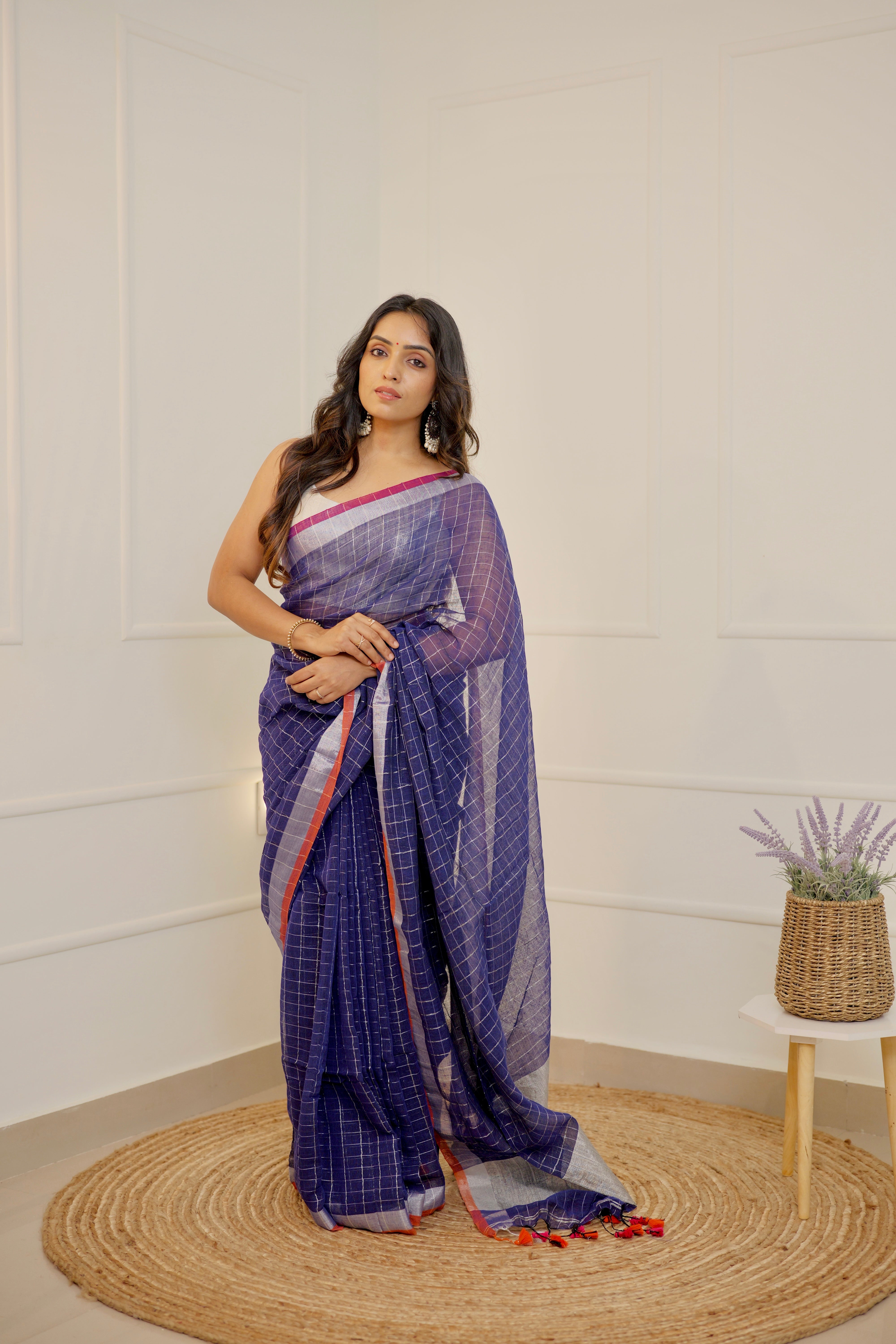 Linen Checks Saree – Blue with Silver Zari Border