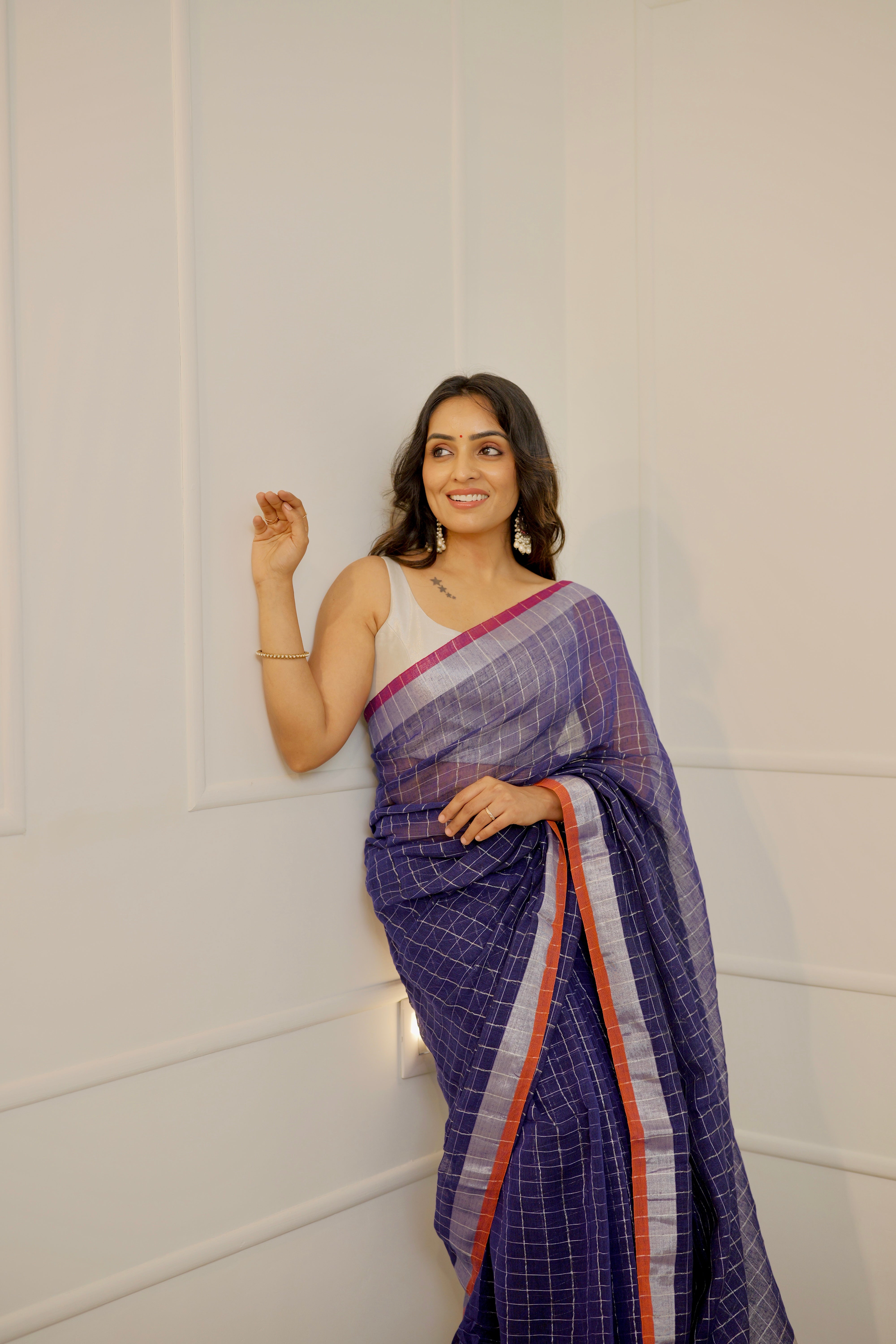 Linen Checks Saree – Blue with Silver Zari Border