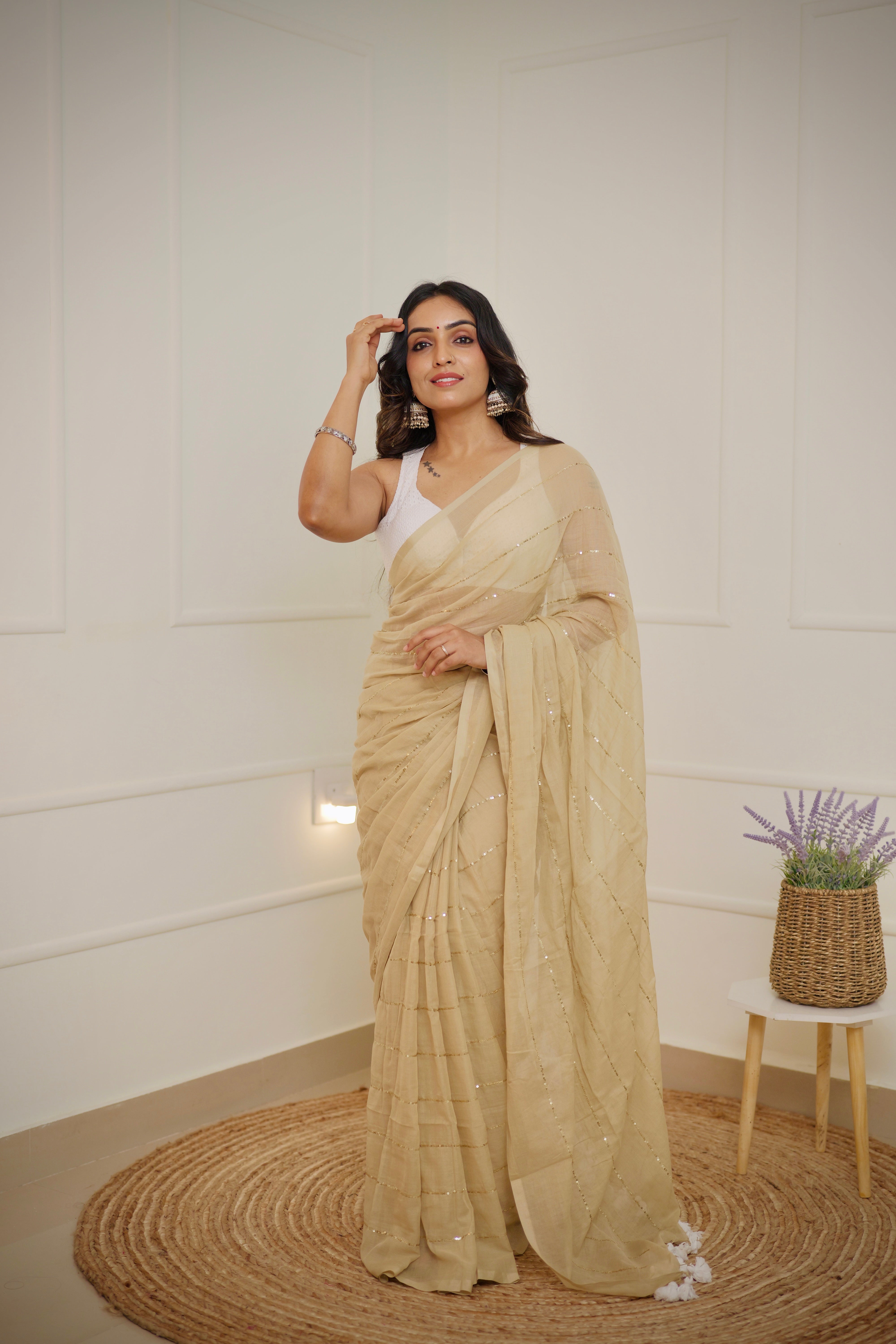 Komalika - Champagne Beige Mul Cotton Saree with Sequined Lines