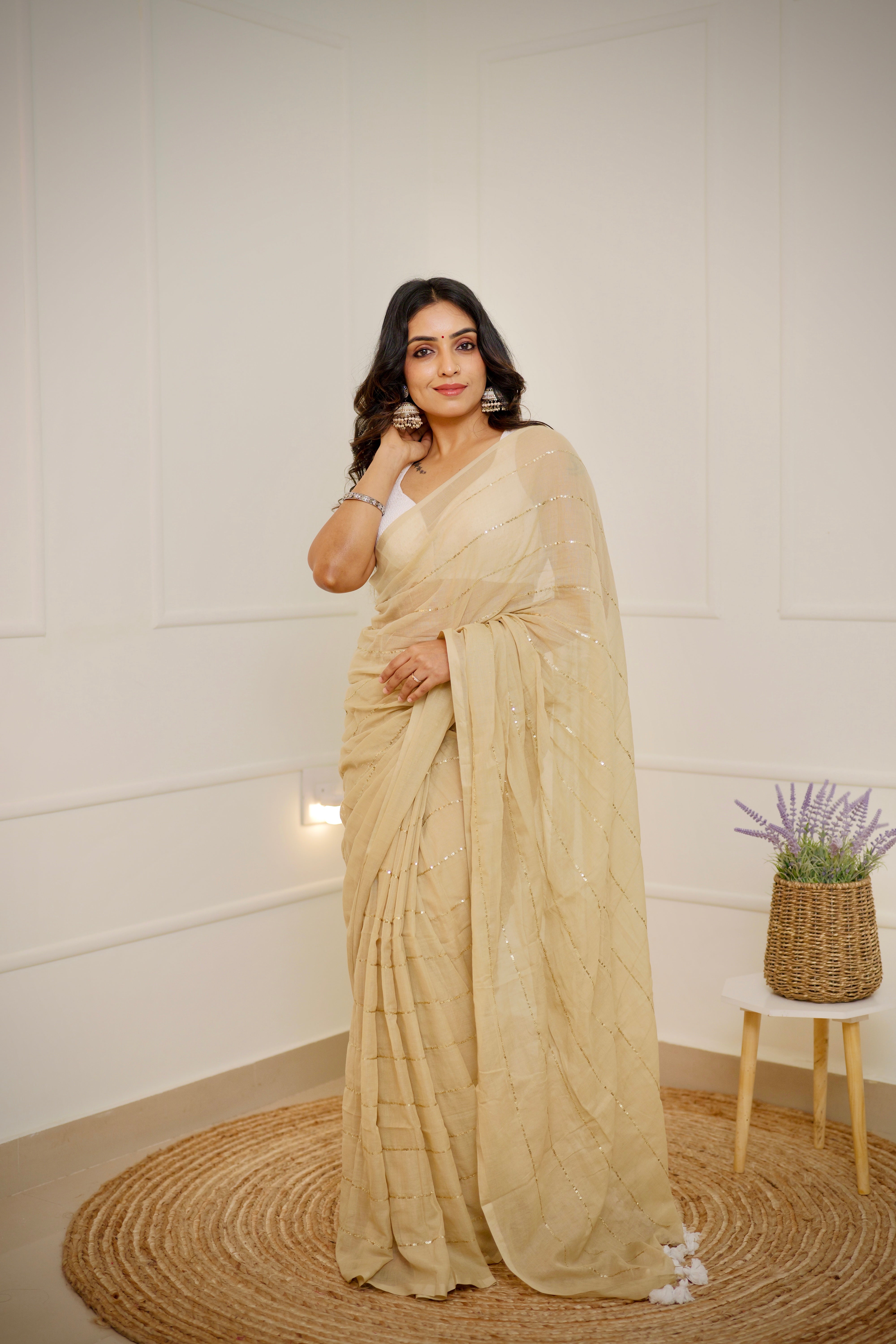 Komalika - Champagne Beige Mul Cotton Saree with Sequined Lines
