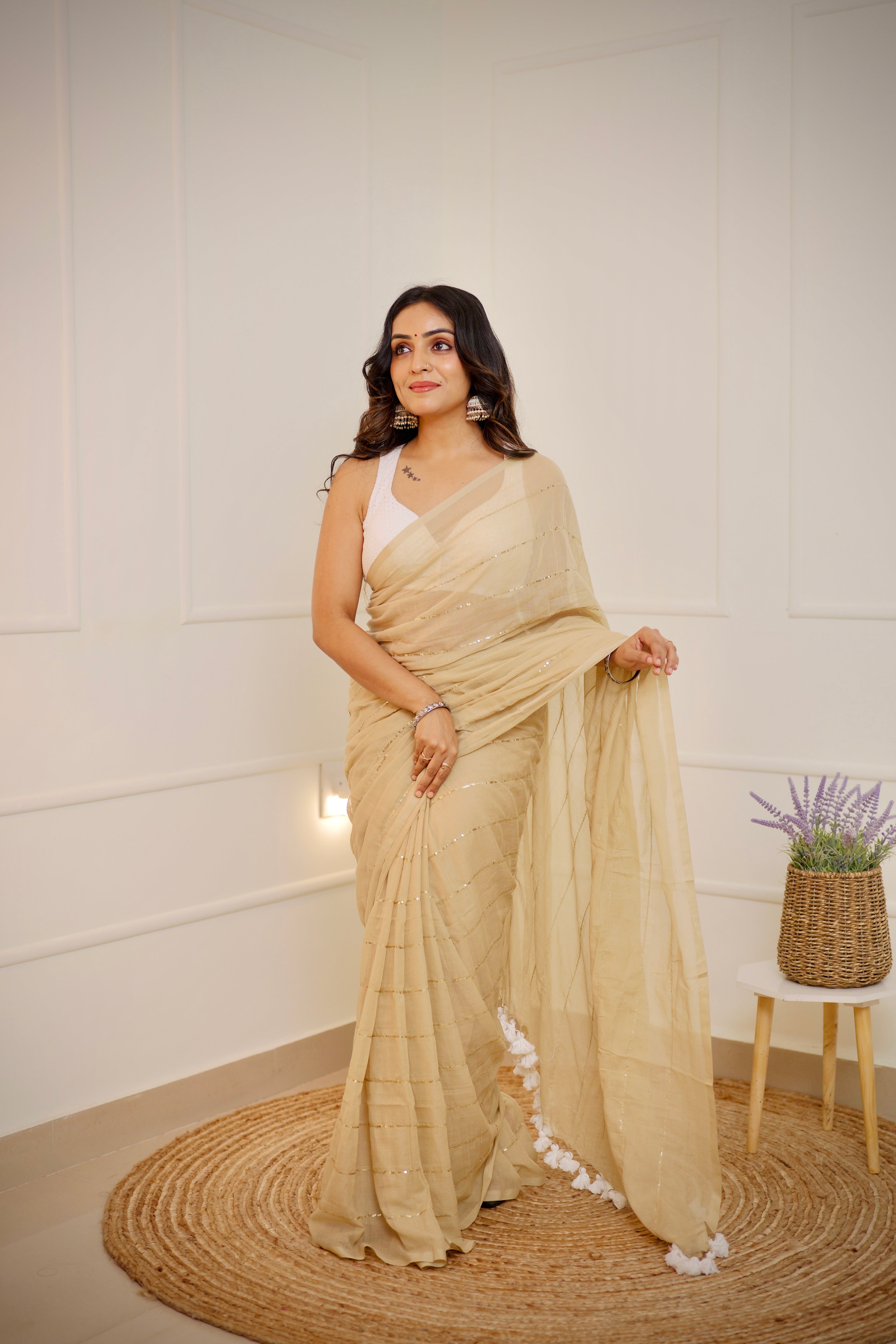 Komalika - Champagne Beige Mul Cotton Saree with Sequined Lines