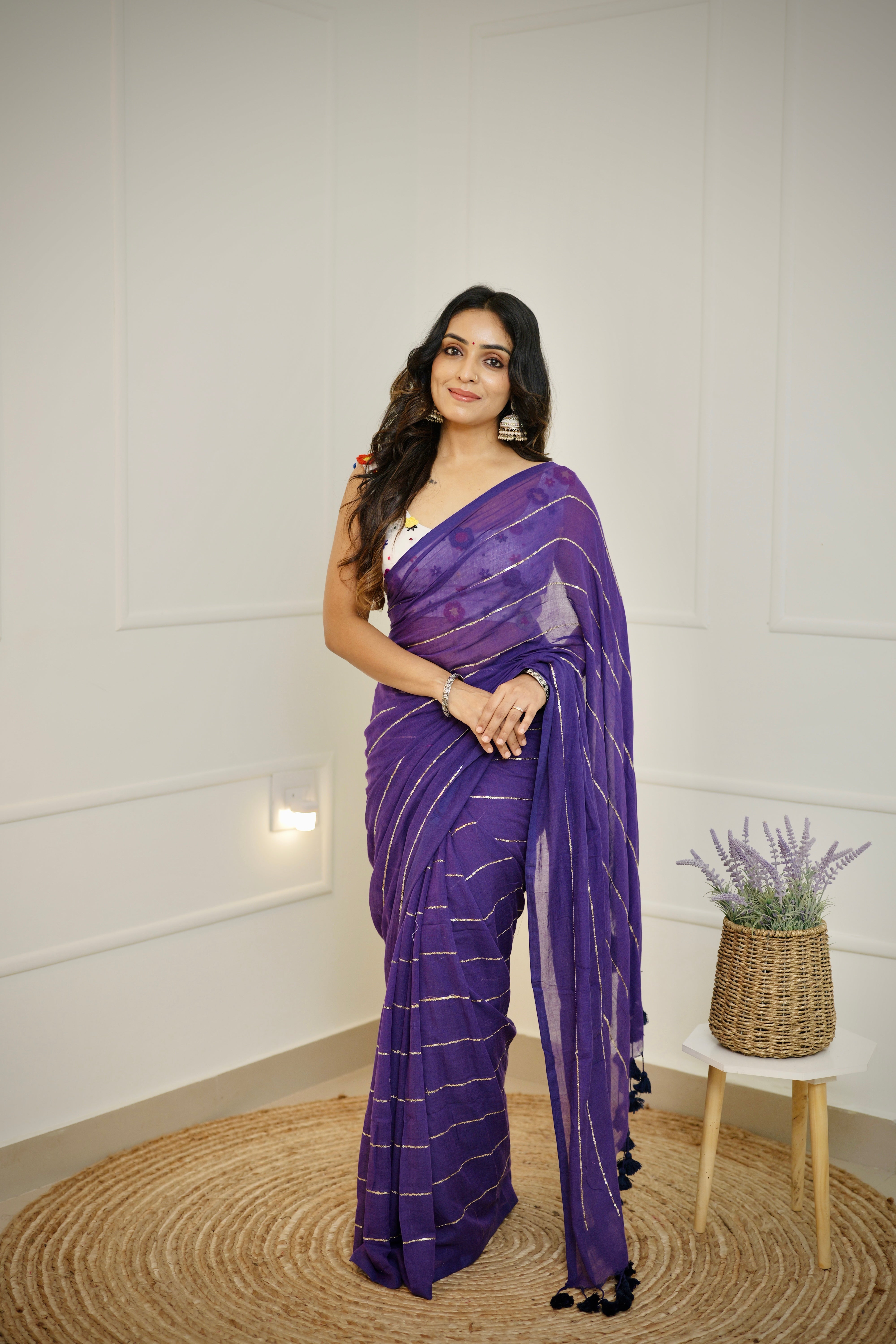 Kalindi - Royal Purple Mul Cotton Saree with Sequined Lines