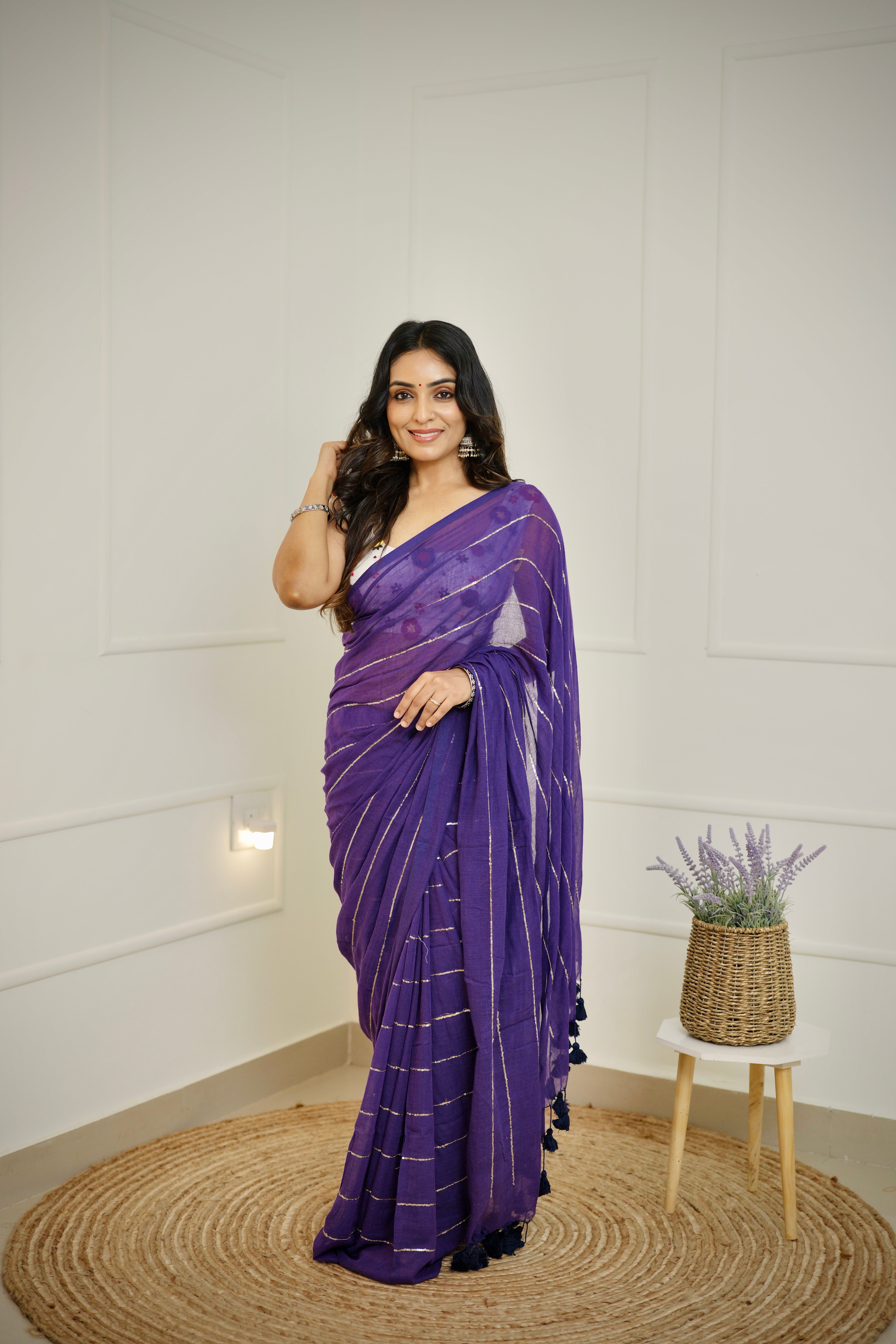 Kalindi - Royal Purple Mul Cotton Saree with Sequined Lines