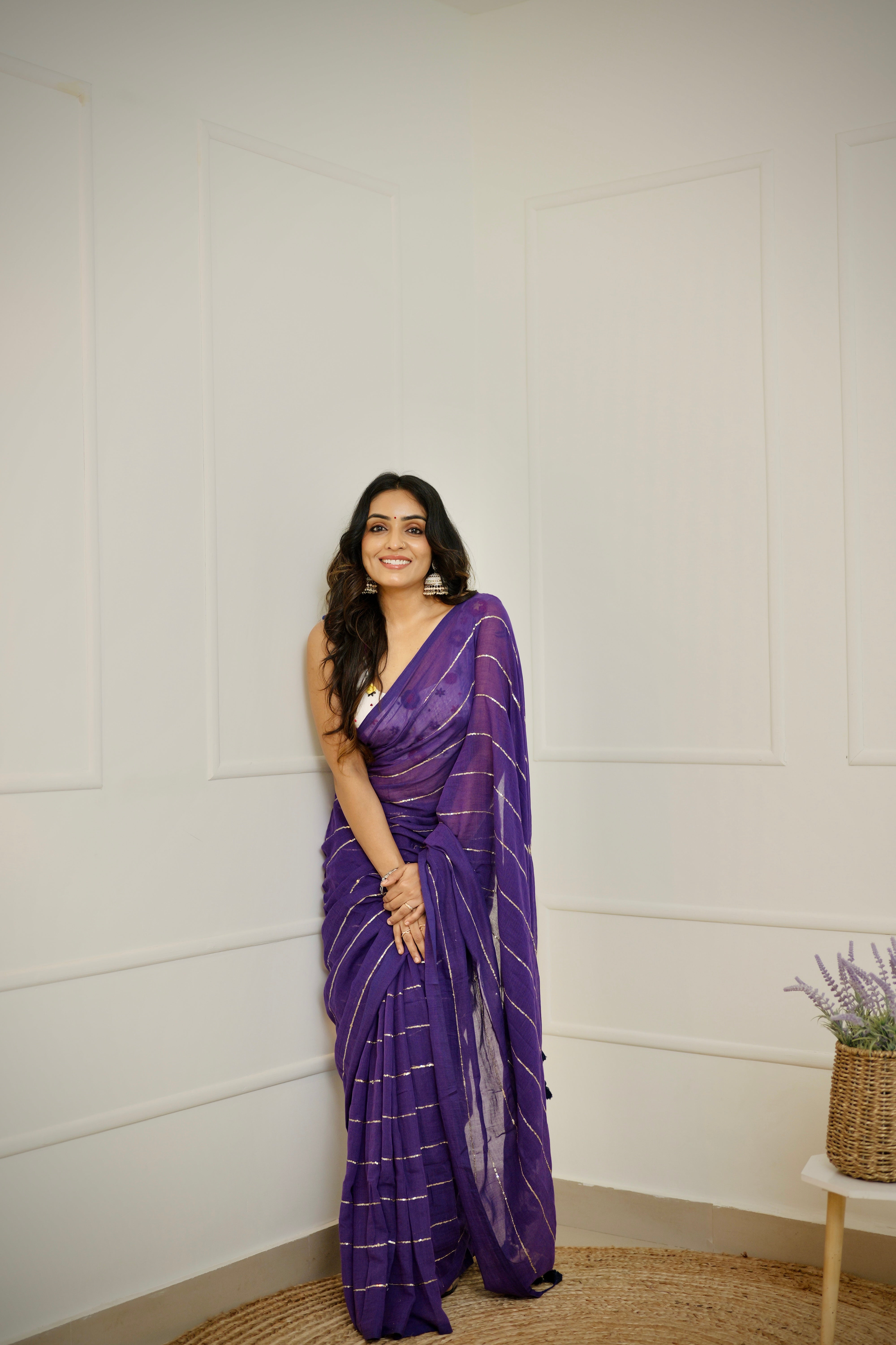 Kalindi - Royal Purple Mul Cotton Saree with Sequined Lines