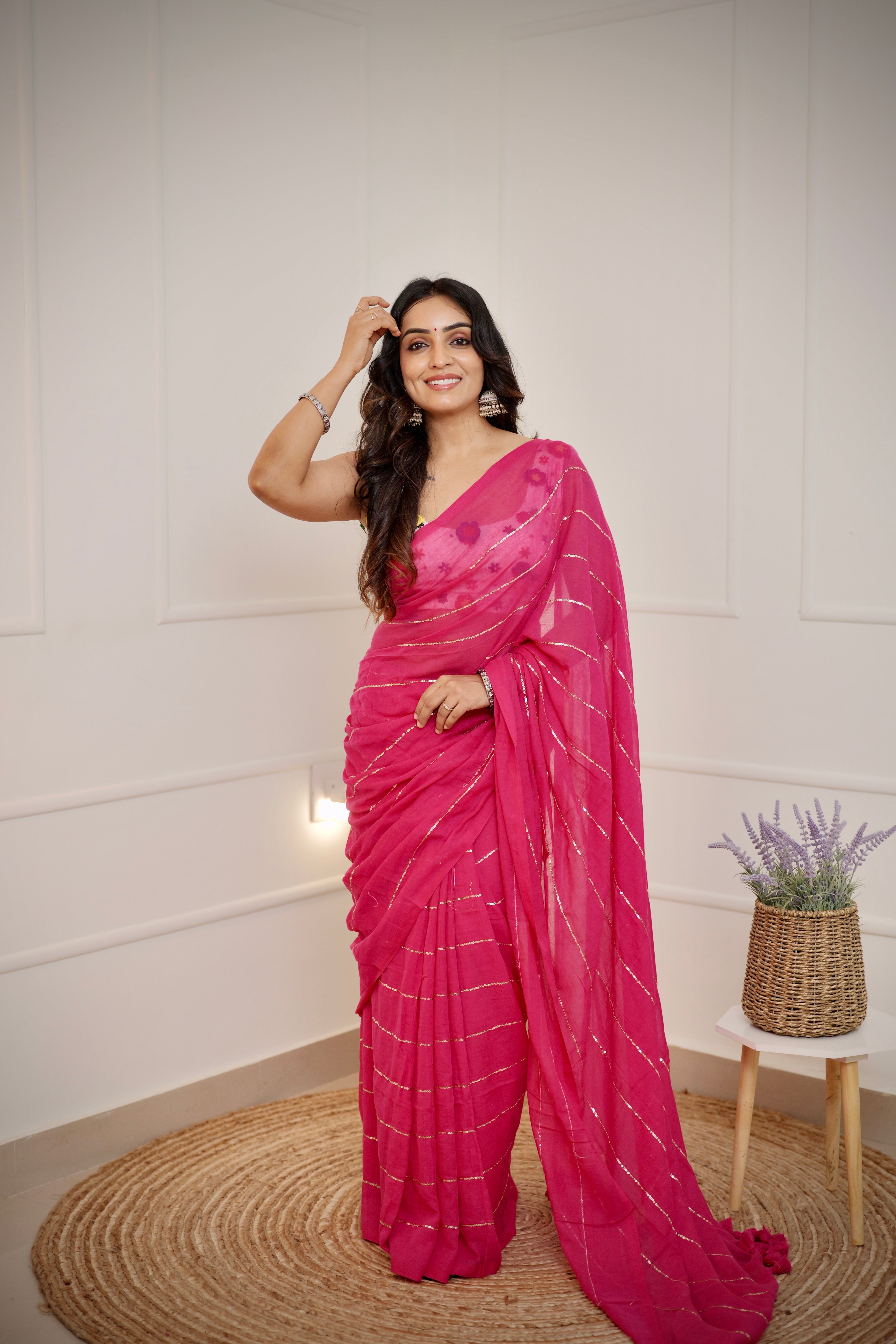 Kanika - Rani Pink Mul Cotton Saree with Sequined Lines