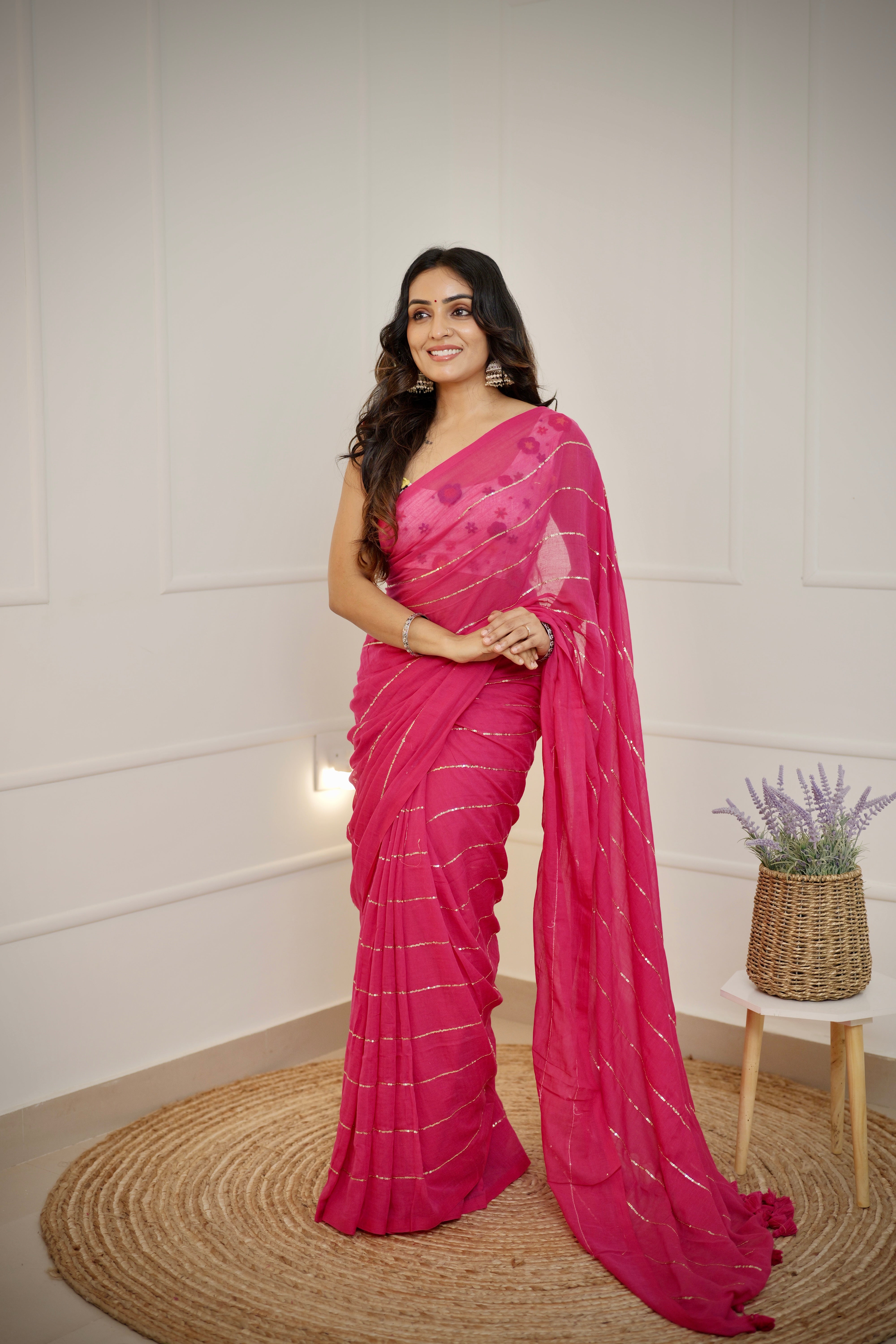 Kanika - Rani Pink Mul Cotton Saree with Sequined Lines