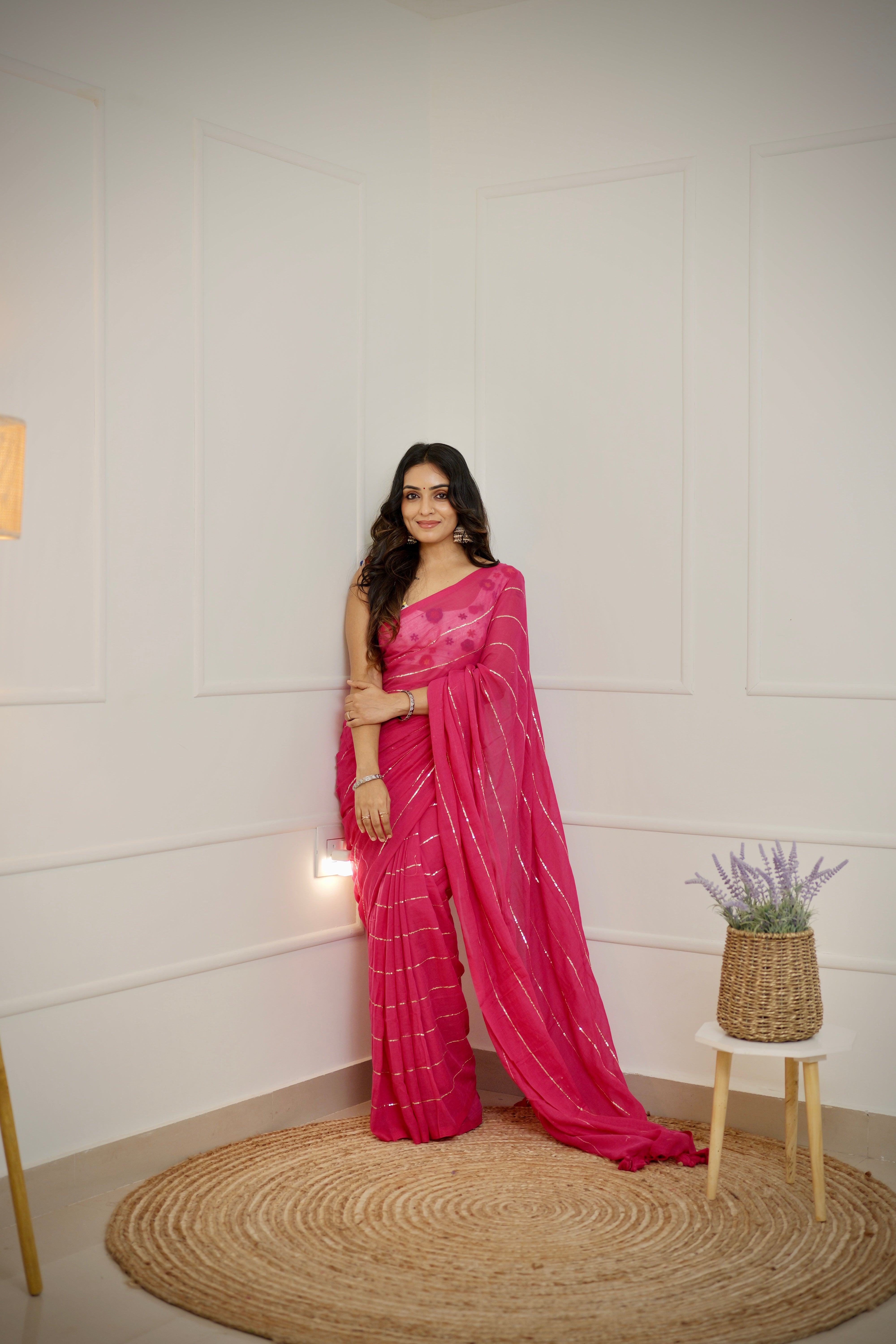 Kanika - Rani Pink Mul Cotton Saree with Sequined Lines