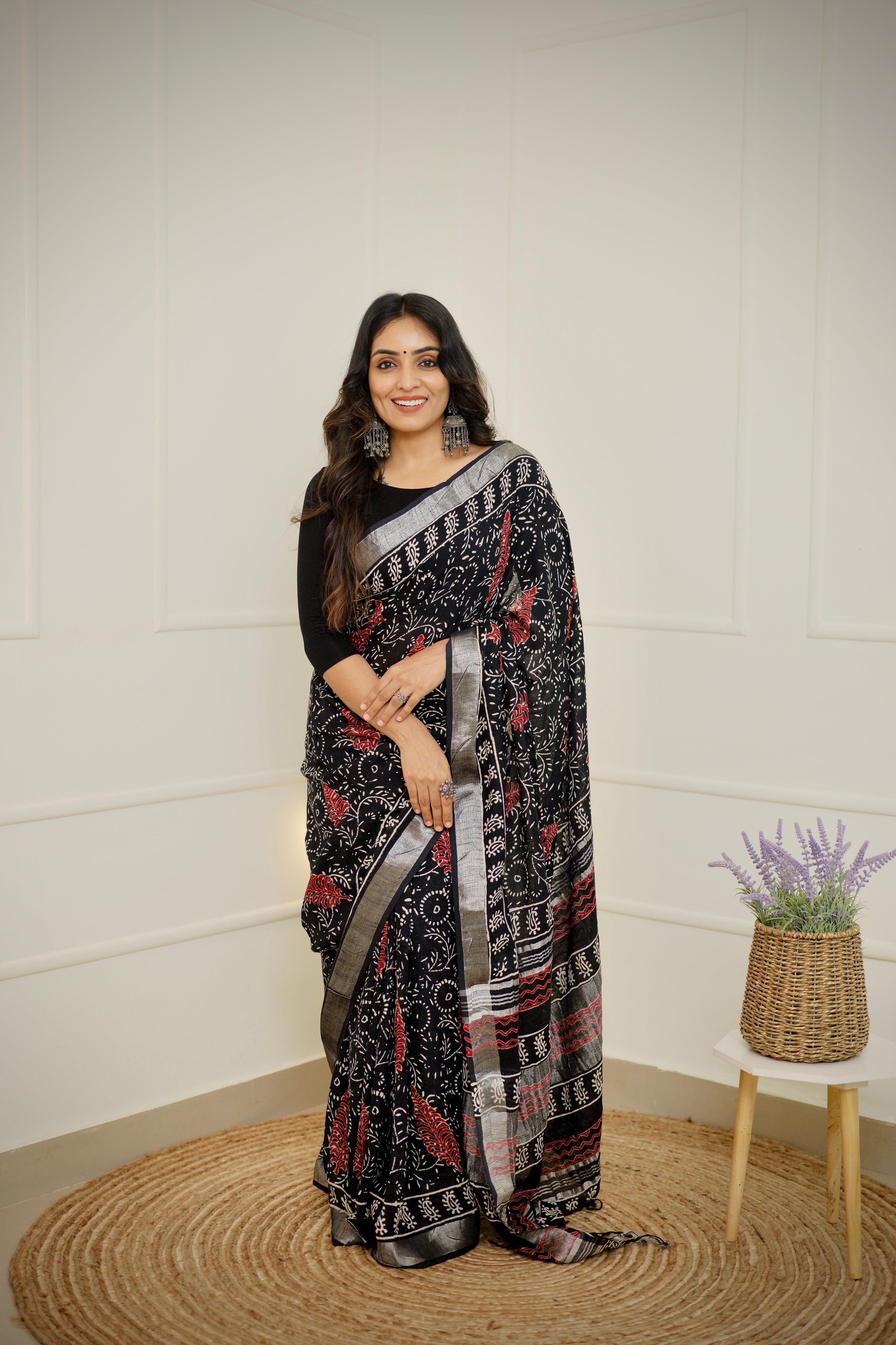 Black Cotton-Linen Saree with Block Print & Zari Border