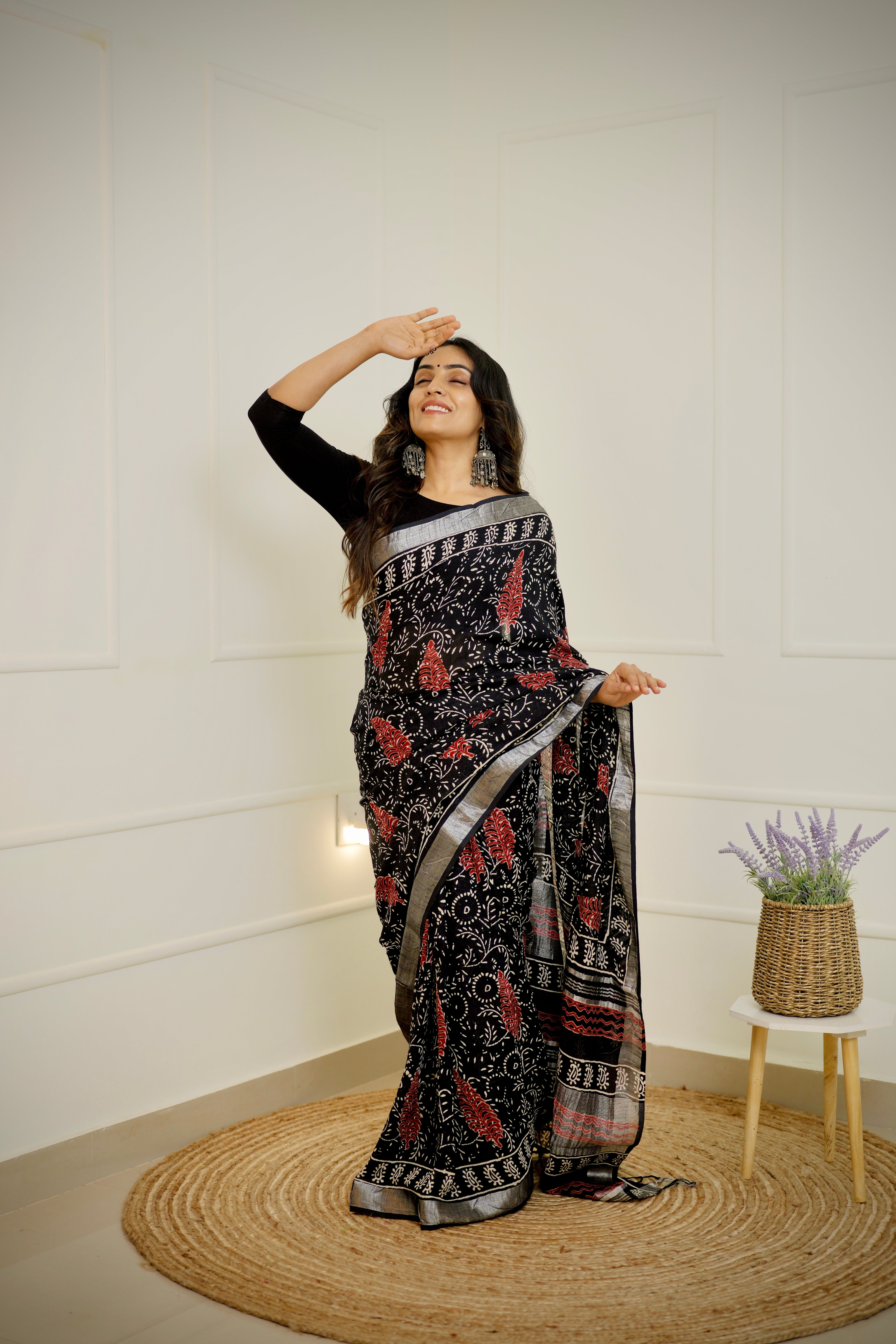Black Cotton-Linen Saree with Block Print & Zari Border