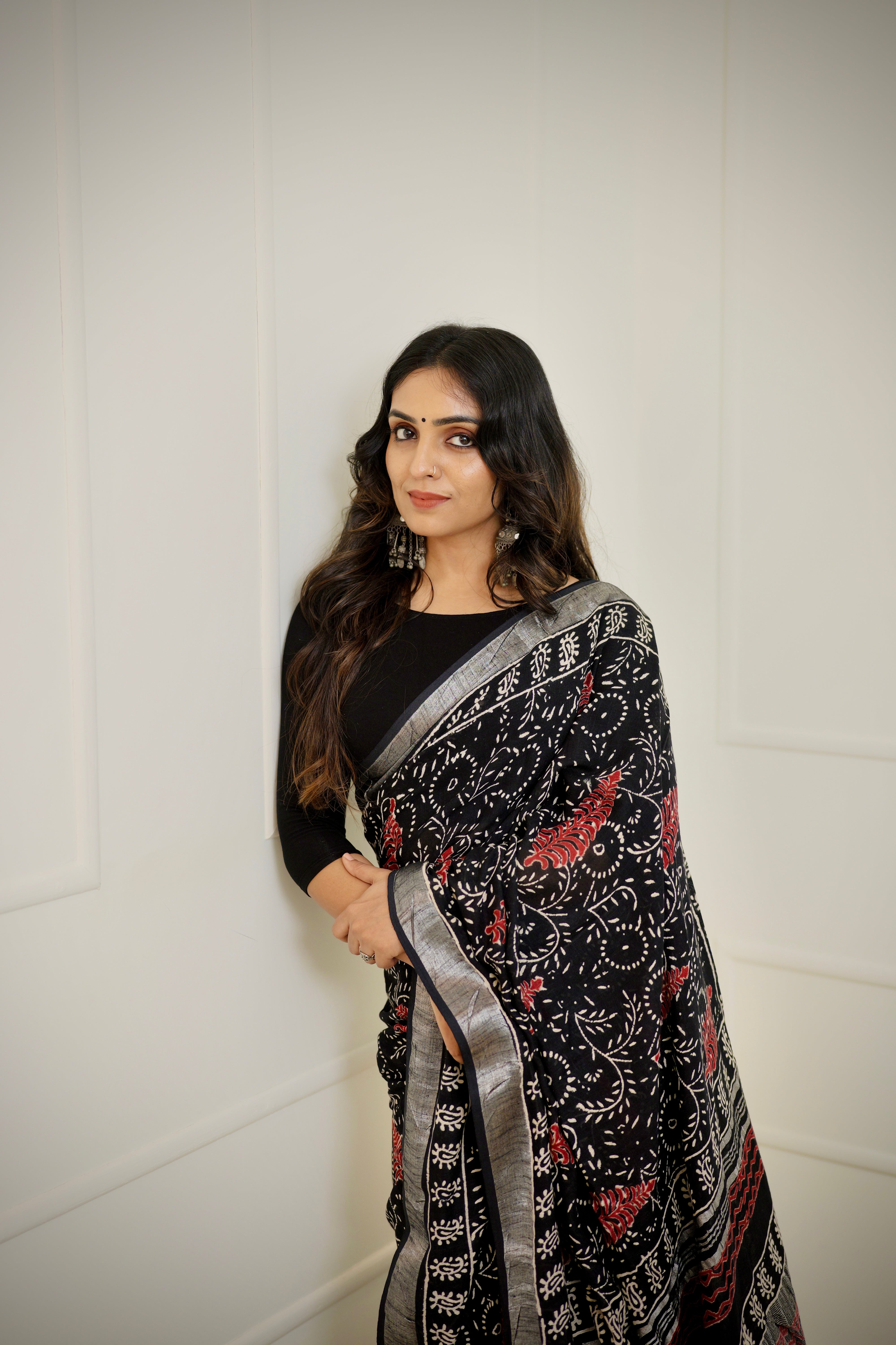 Black Cotton-Linen Saree with Block Print & Zari Border