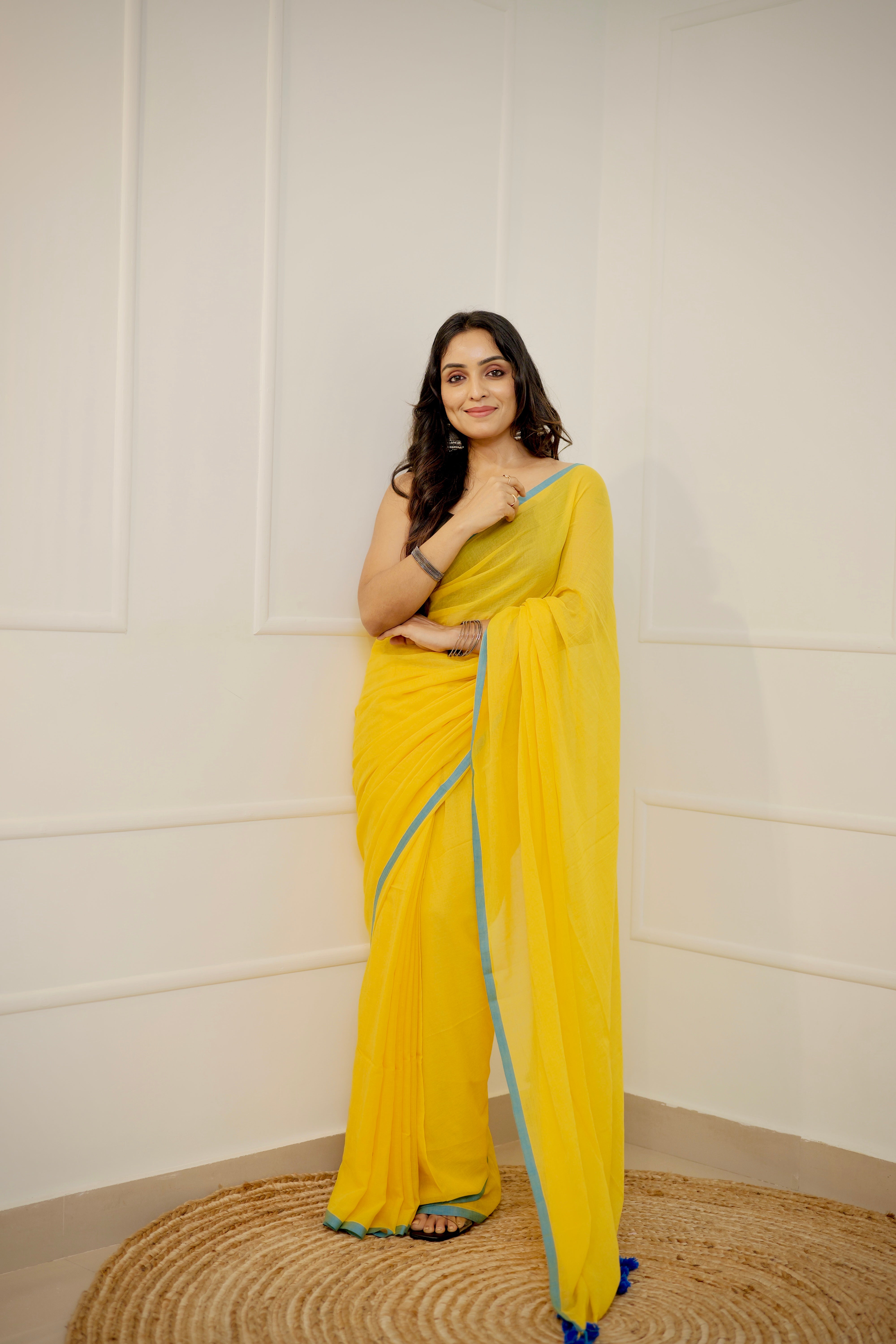 Anaya – Bright Yellow Mul Cotton Saree
