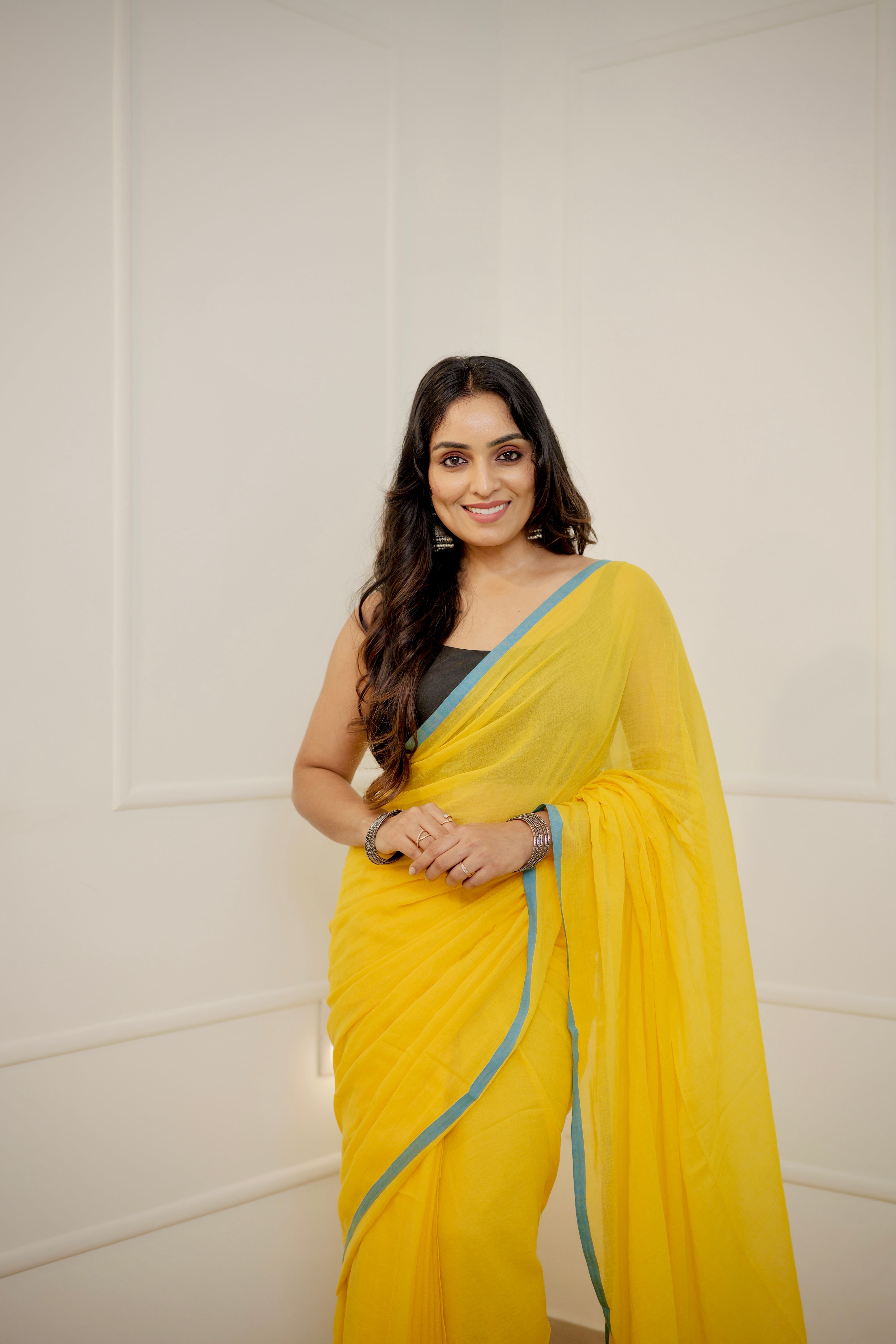 Anaya – Bright Yellow Mul Cotton Saree