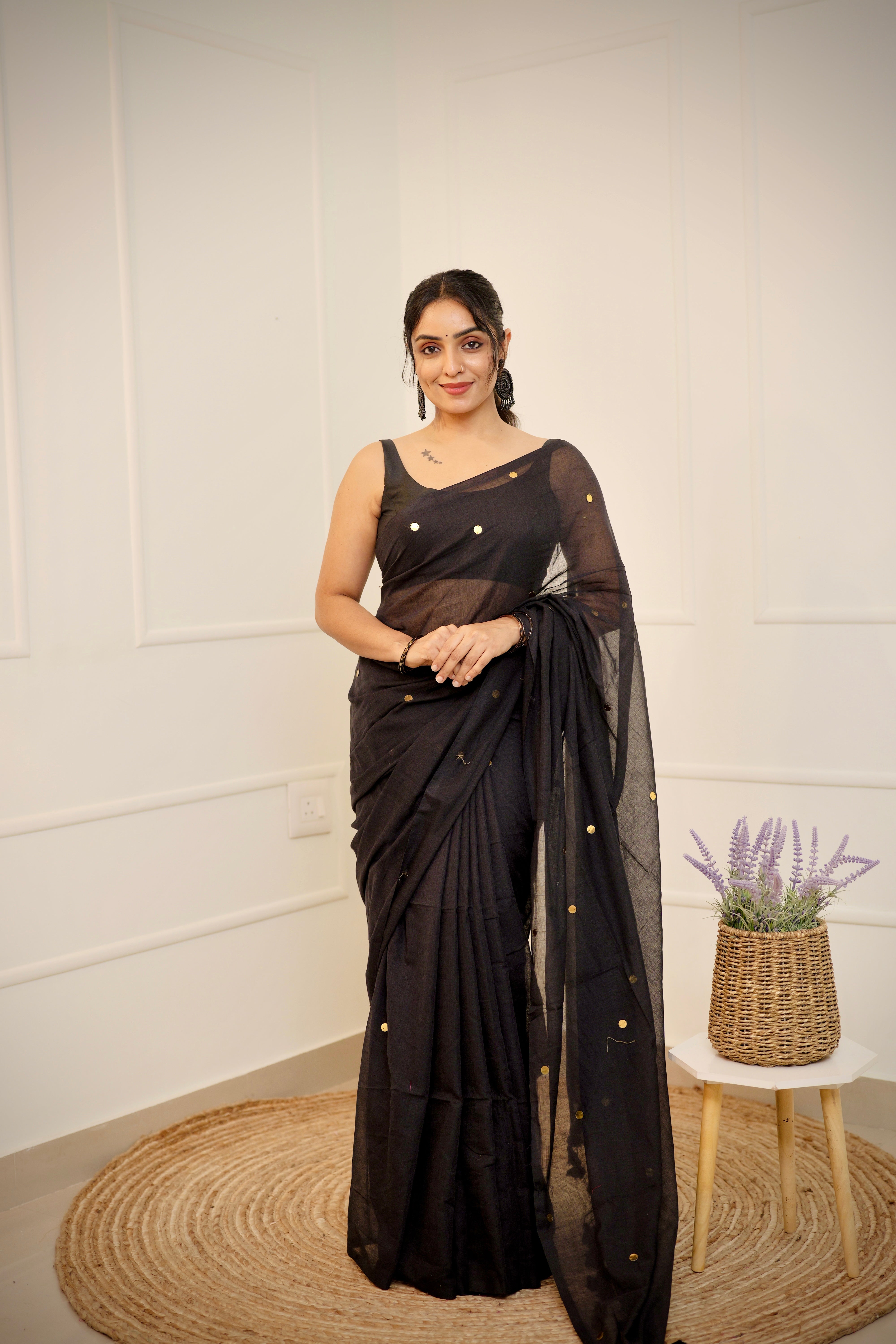 Yamini – Jet Black Mul Cotton Saree with Round Sequins