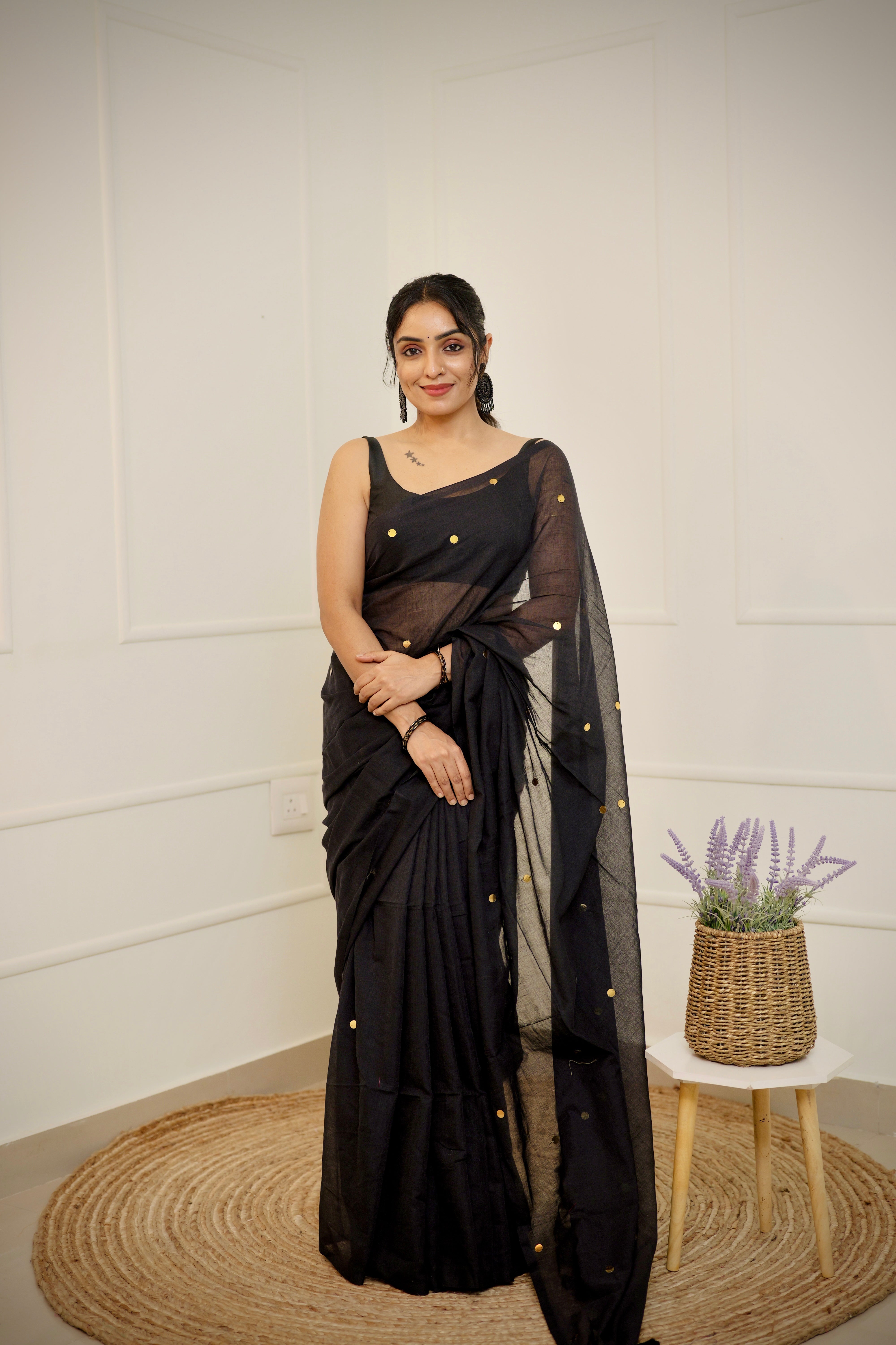 Yamini – Jet Black Mul Cotton Saree with Round Sequins