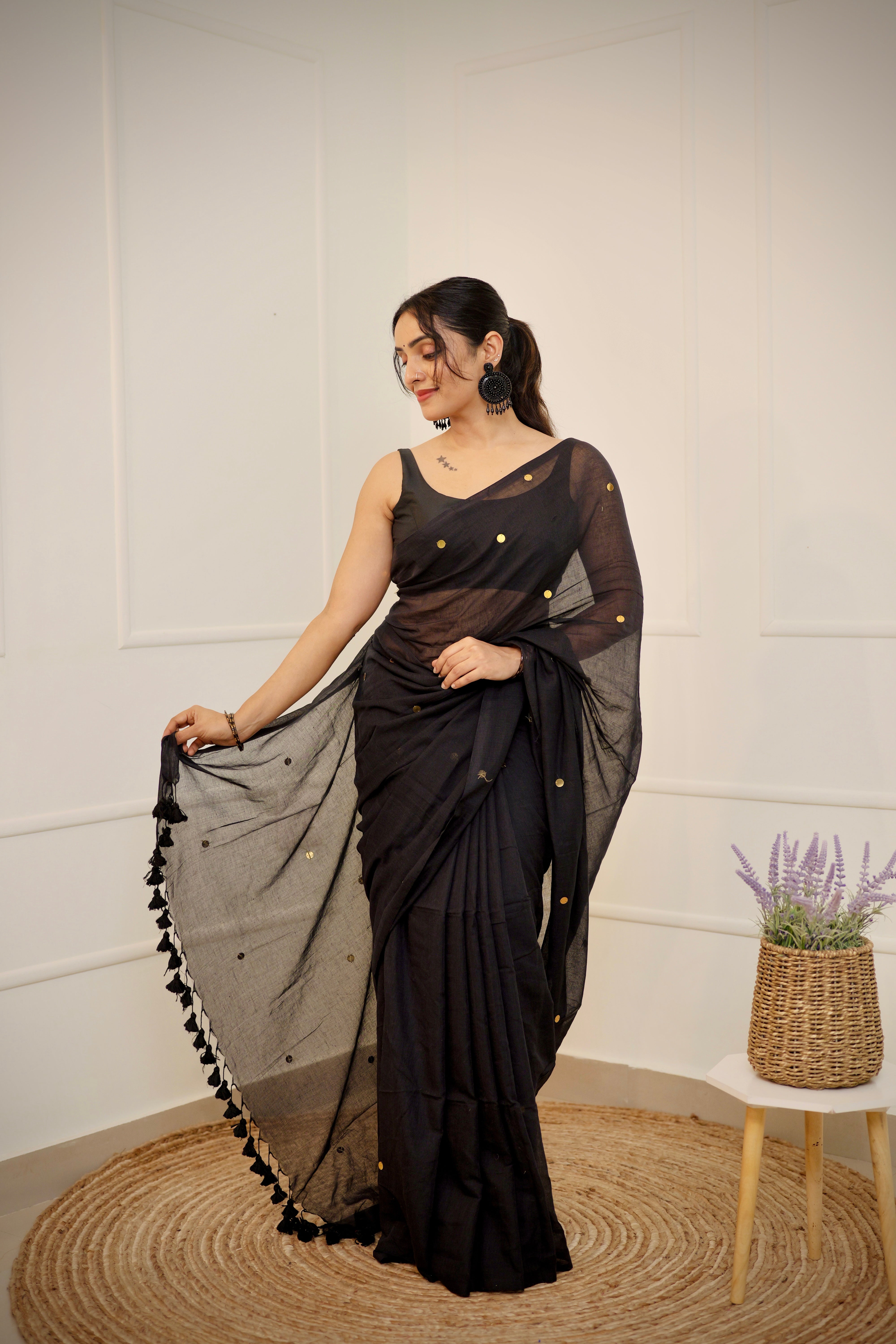 Yamini – Jet Black Mul Cotton Saree with Round Sequins