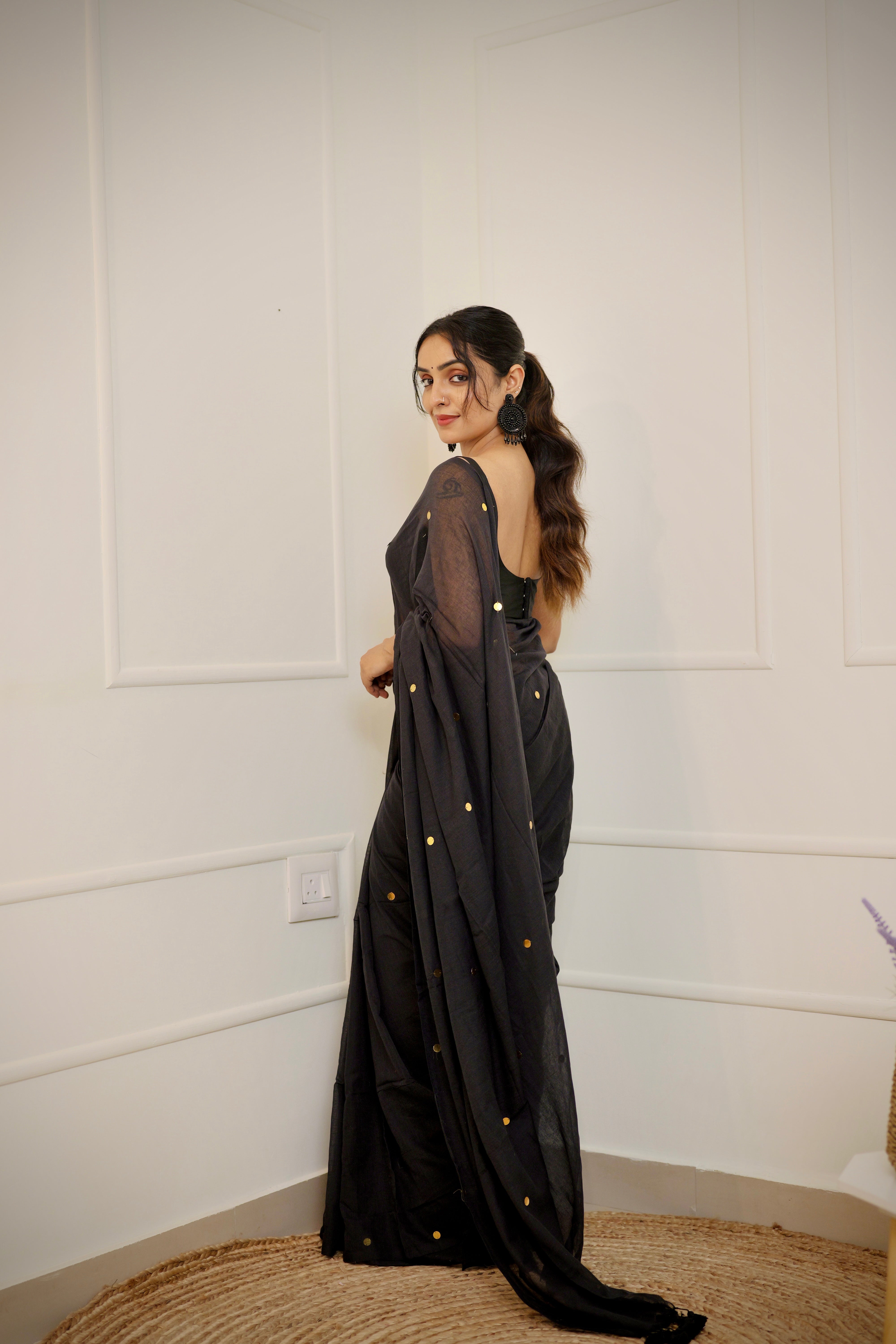 Yamini – Jet Black Mul Cotton Saree with Round Sequins