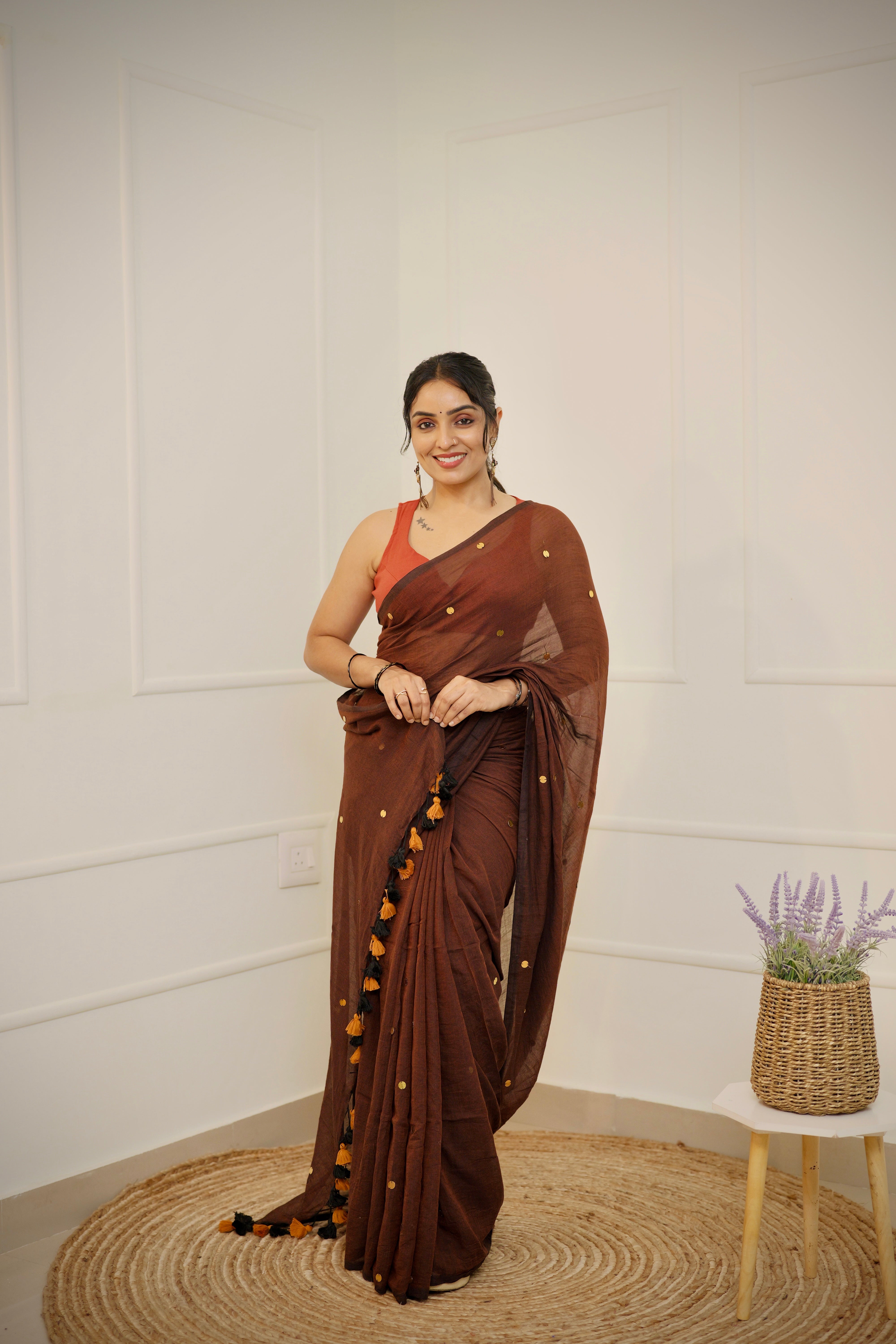 Kavya - Coffee Brown Mul Cotton Saree with Round Sequins