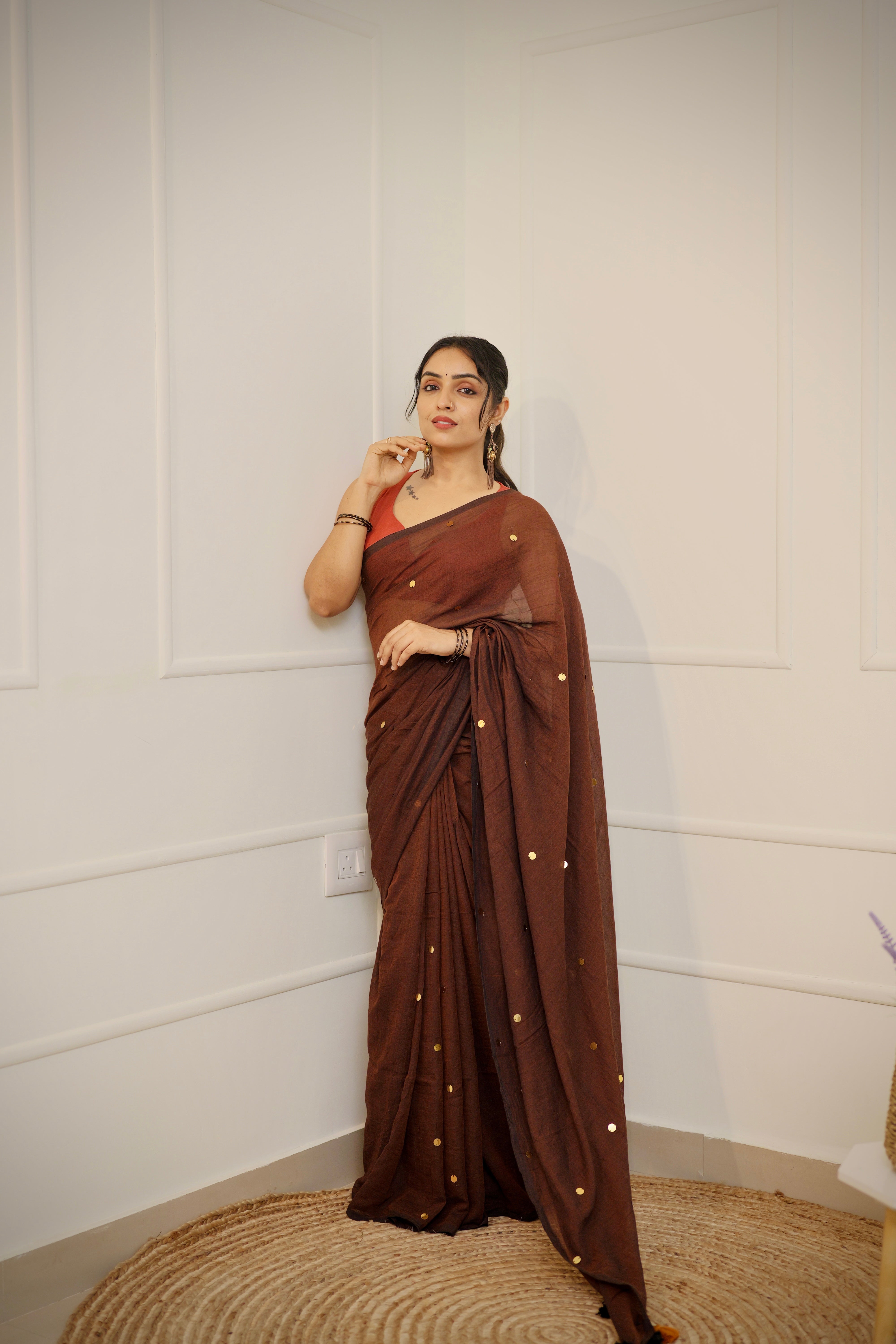 Kavya - Coffee Brown Mul Cotton Saree with Round Sequins