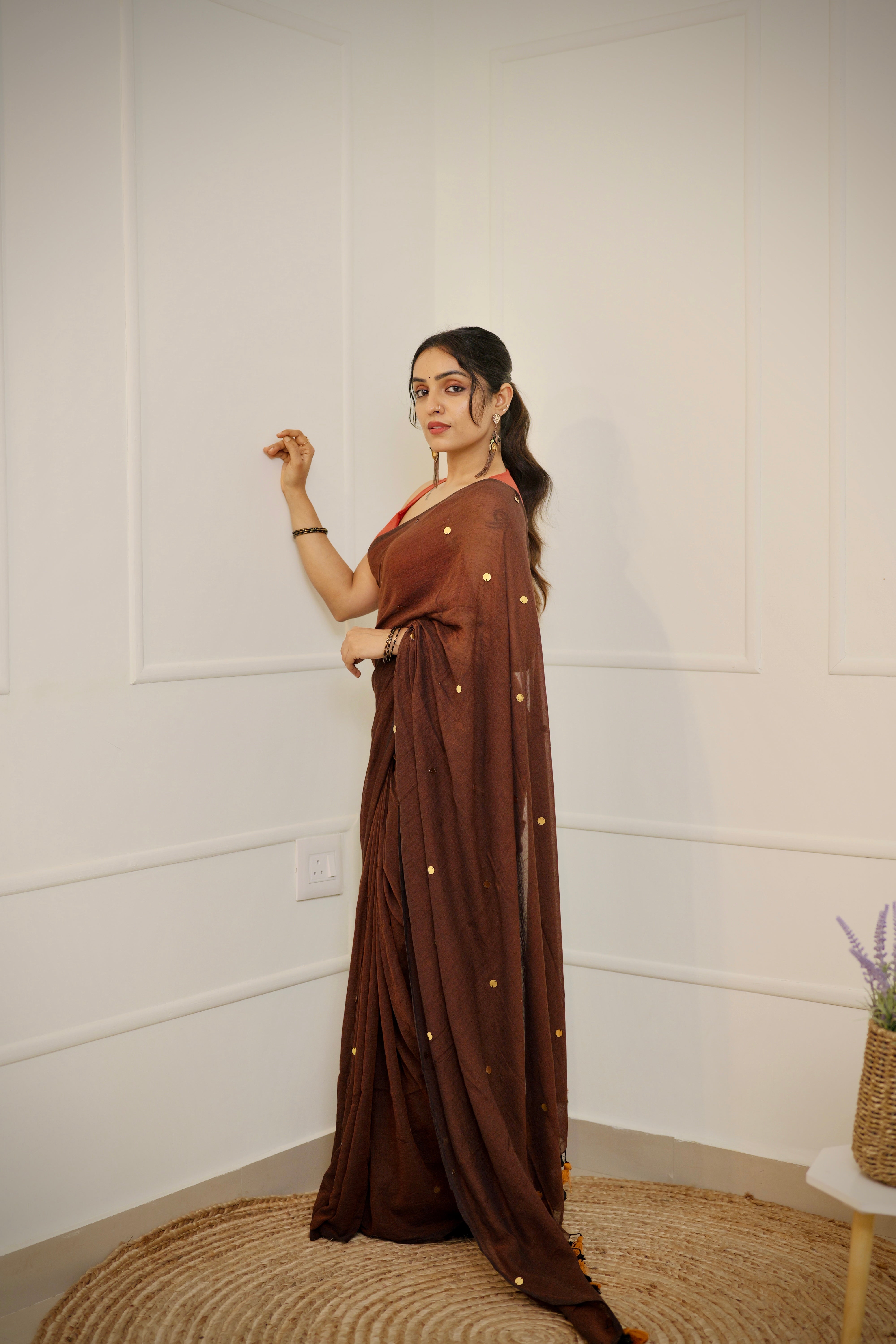 Kavya - Coffee Brown Mul Cotton Saree with Round Sequins