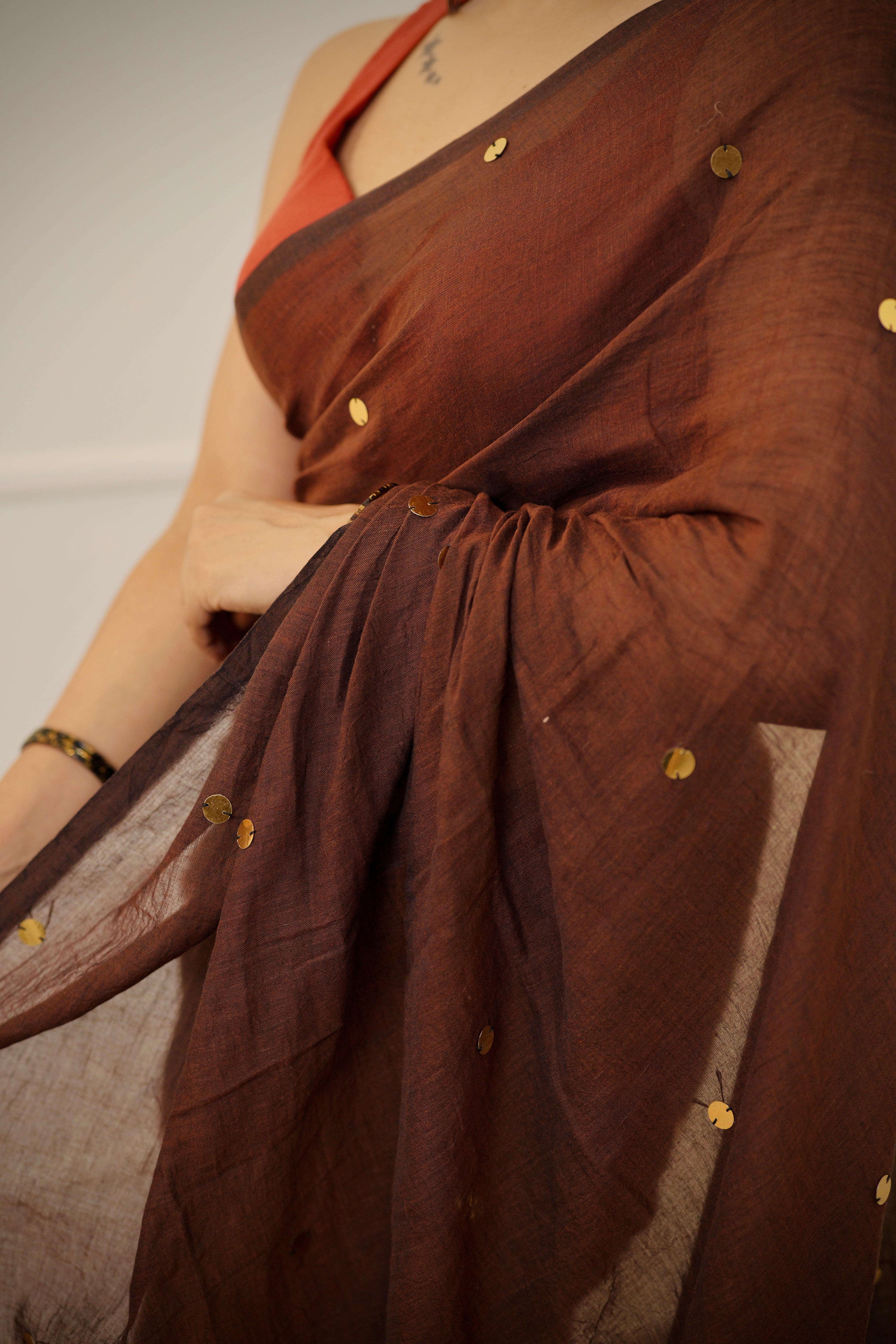 Kavya - Coffee Brown Mul Cotton Saree with Round Sequins