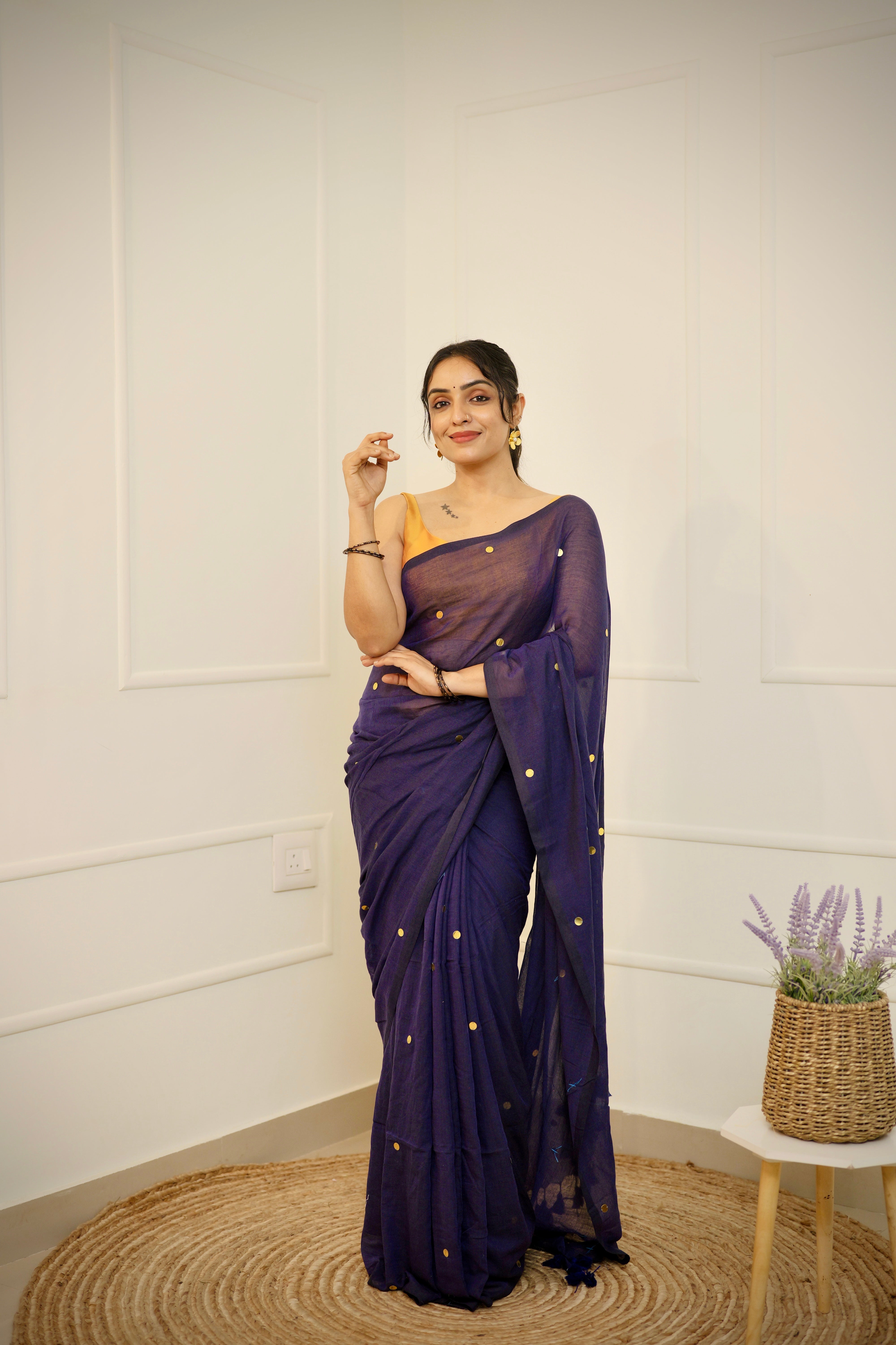 Raagini – Midnight Blue Mul Cotton Saree with Round Sequins